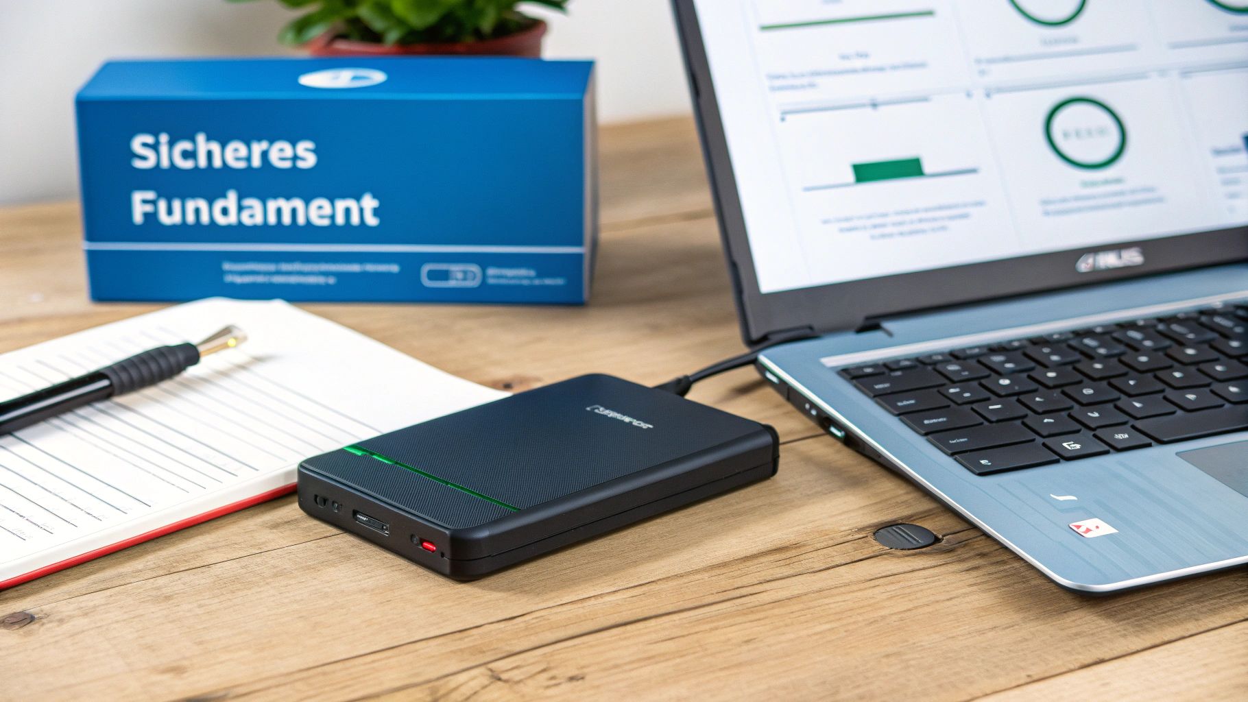 Eine Person arbeitet an einem Laptop in einem sicheren digitalen Umfeld, symbolisiert durch Schutzschilde und Schlösser.