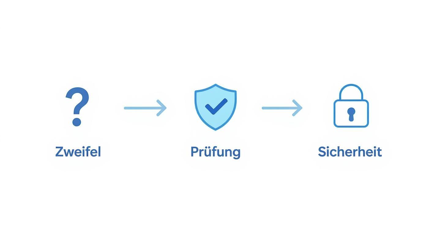 Infografik, die den Prozess von Zweifel über Prüfung bis zur Sicherheit darstellt