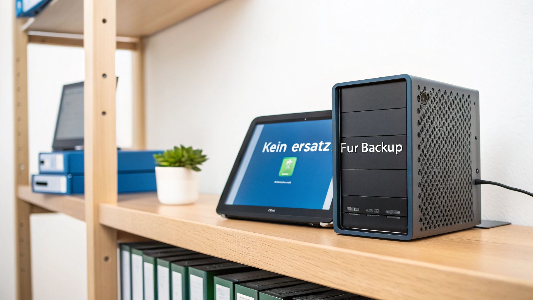 Computer, Bildschirm mit Backup-Nachricht und Pflanzen auf einem Holzregal im Büro.