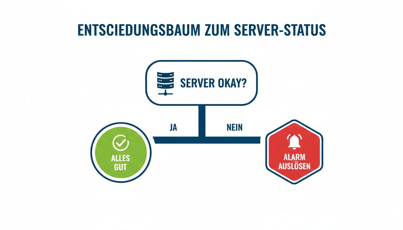 Ein Entscheidungsbaum visualisiert den Prozess zur Überprüfung des Server-Status: Ist der Server okay? Wenn ja, ist alles gut. Wenn nein, wird ein Alarm ausgelöst.