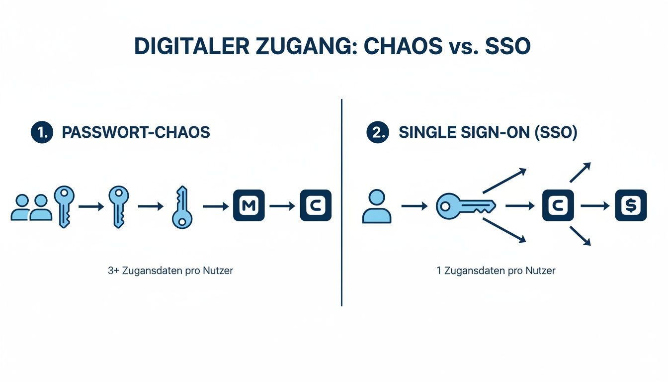 Grafik vergleicht Passwort-Chaos (viele Anmeldedaten) mit Single Sign-On (SSO) (ein Anmeldedatum) für digitalen Zugang.