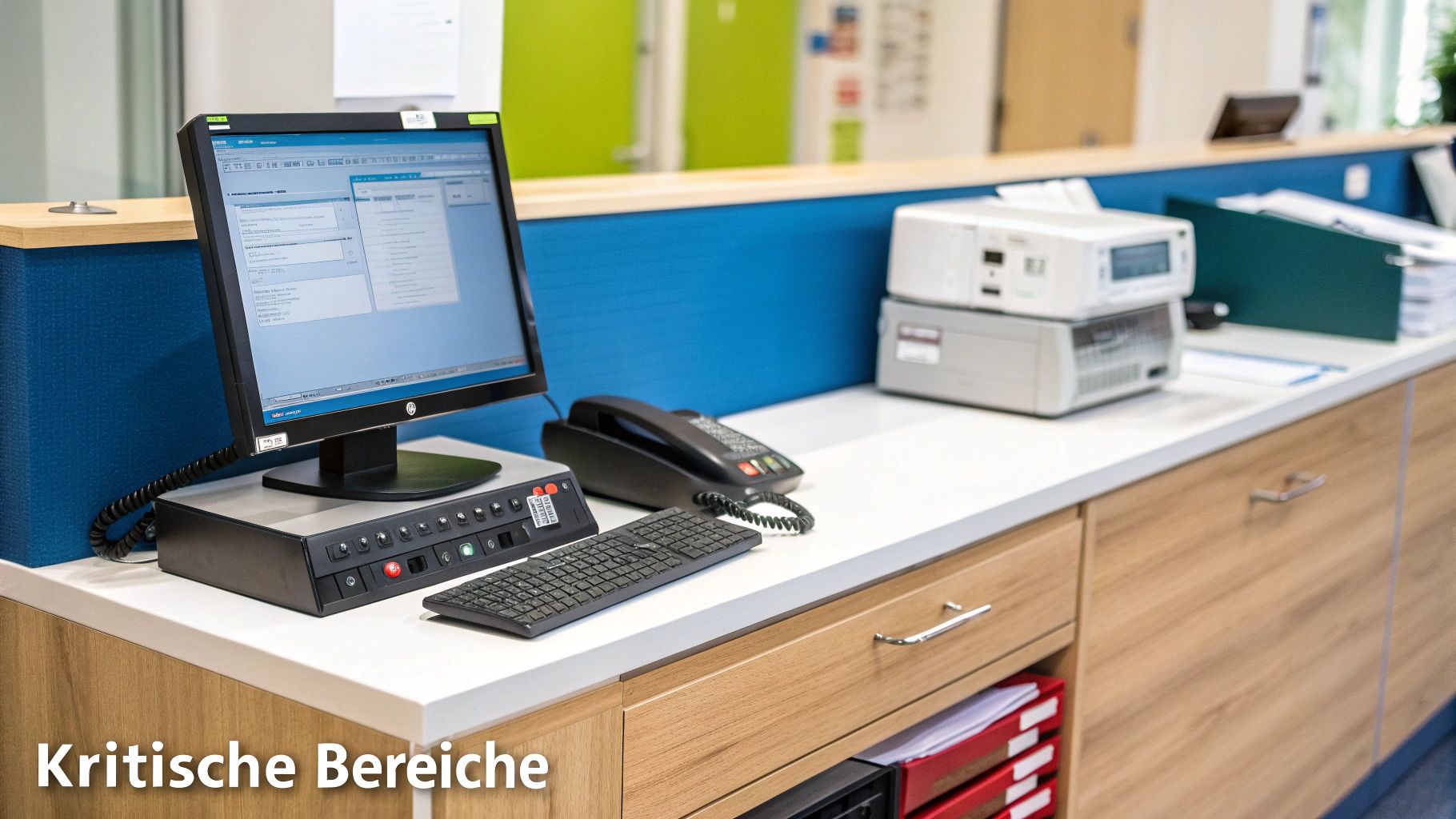 Eine moderne Arztpraxis, in der Computer und medizinische Geräte durch eine USV geschützt sind.