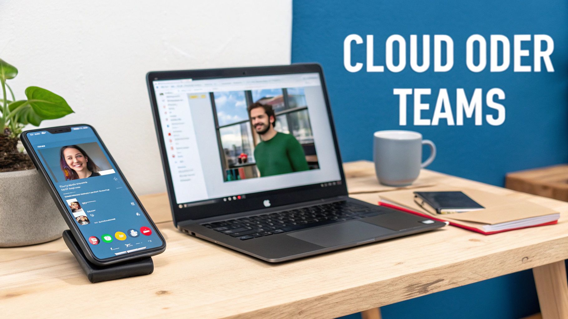 Ein Büro-Setup mit Laptop und Smartphone auf einem Holztisch, die beide Videoanrufe anzeigen. Im Hintergrund steht "CLOUD ODER TEAMS".