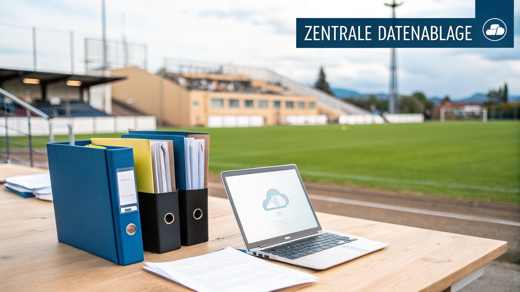 Schreibtisch mit Laptop und Aktenordnern vor einem Fußballstadion, steht für zentrale Datenablage.