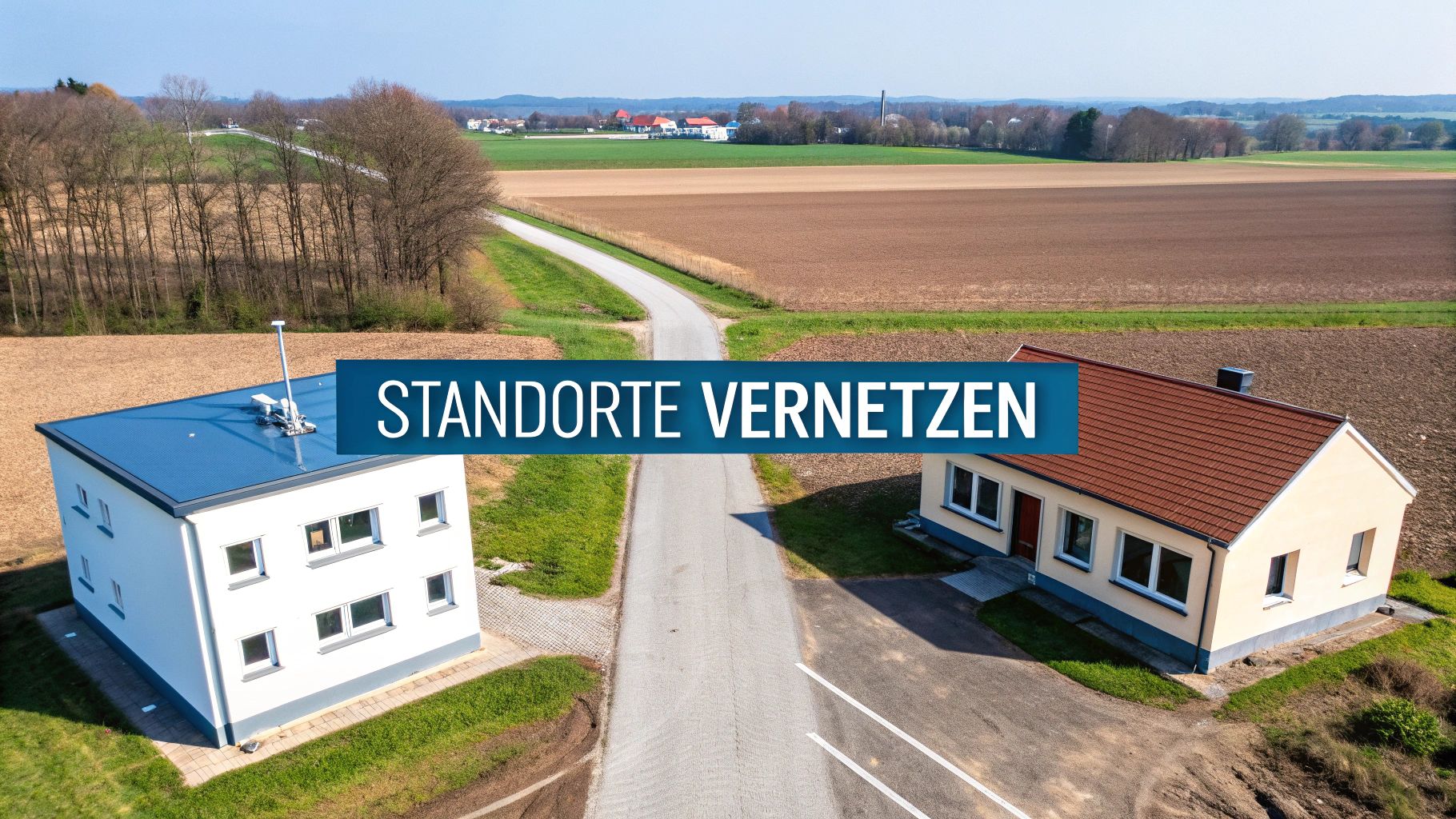 Draufsicht auf zwei Häuser in ländlicher Umgebung, getrennt durch eine Straße, mit dem Slogan 'Standorte vernetzen'.