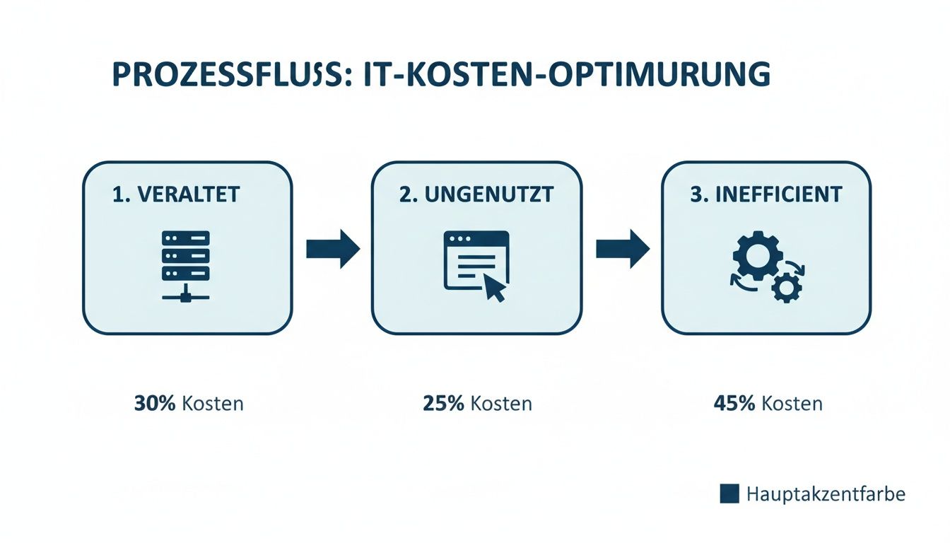 Flussdiagramm zur IT-Kostenoptimierung, das veraltete, ungenutzte und ineffiziente Komponenten sowie deren Kostenanteile zeigt.