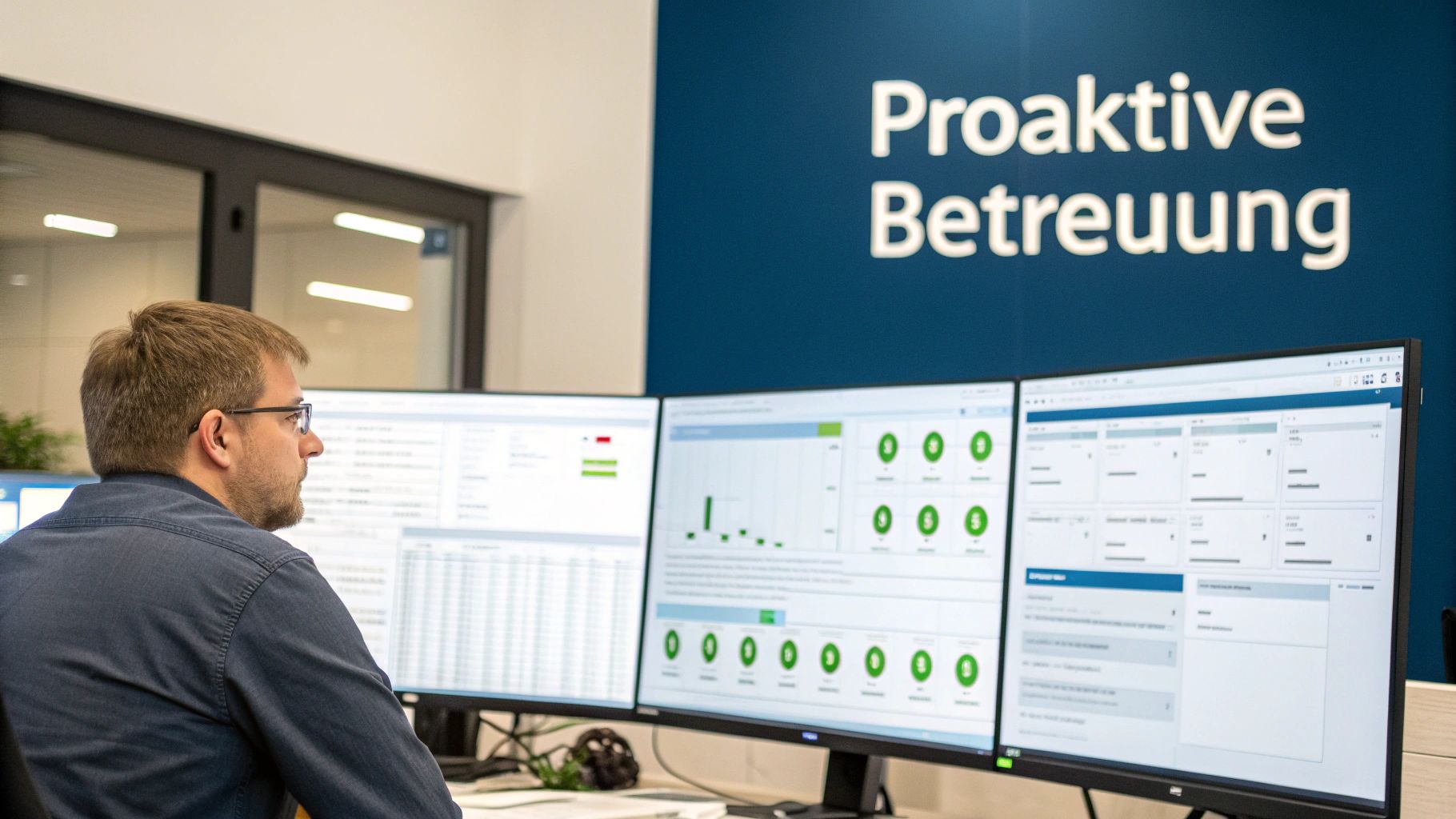 Mann mit Brille arbeitet vor mehreren Monitoren, die Daten und Diagramme zeigen, im Büro mit Schriftzug 'Proaktive Betreuung'.