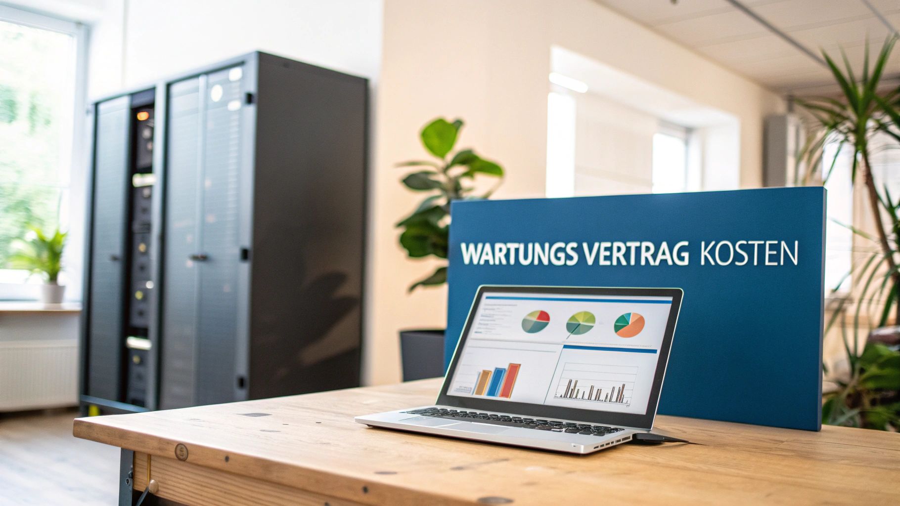 Laptop zeigt Diagramme zu Wartungsvertragskosten auf Holztisch in einem IT-Raum mit Serverschränken.