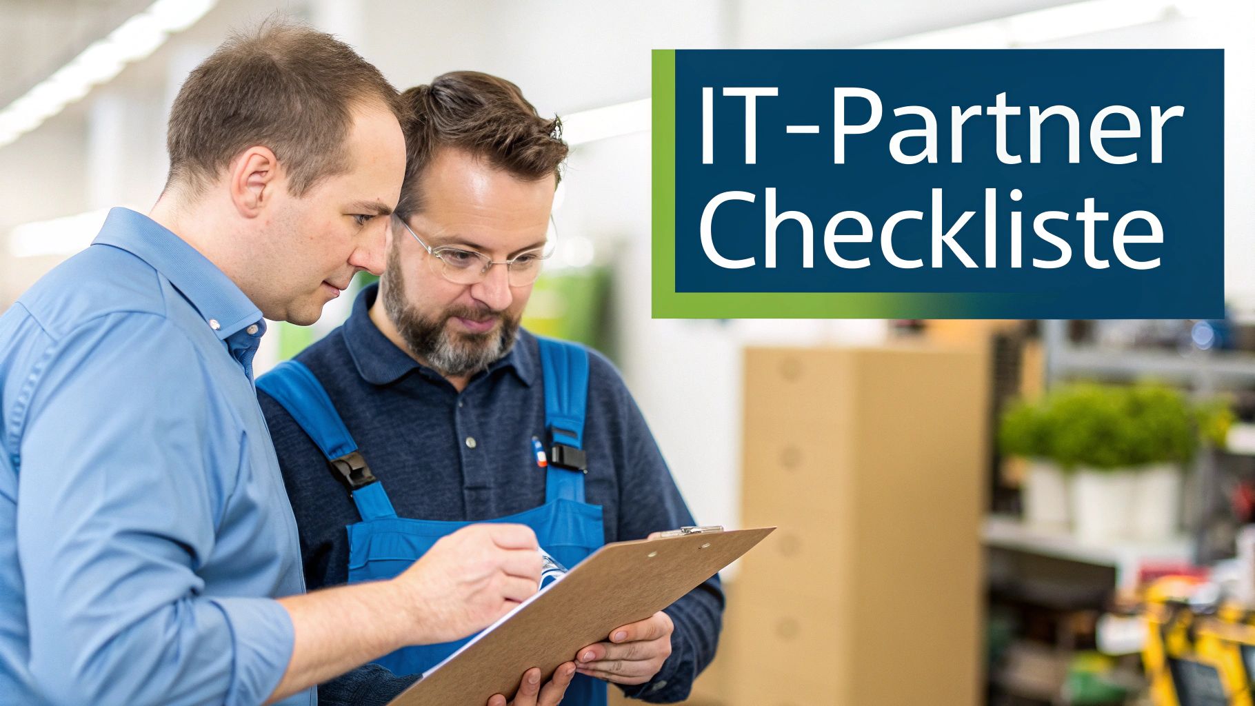 Zwei Männer überprüfen eine Checkliste auf einem Klemmbrett. Einer ist ein IT-Techniker im Blaumann, der andere im blauen Hemd. Rechts steht 'IT-Partner Checkliste'.