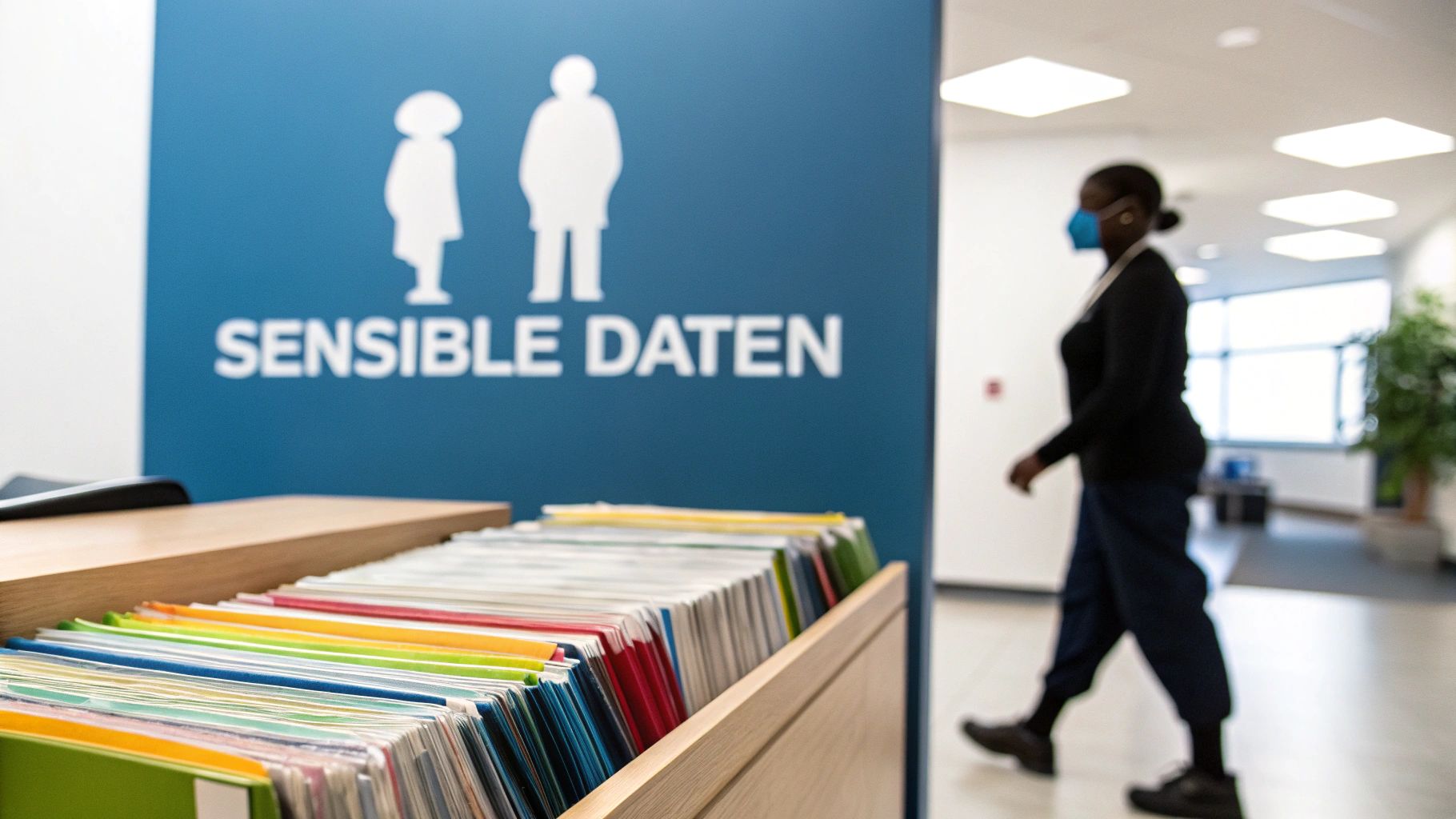 Blaues Schild „SENSIBLE DATEN“ mit Kinder- und Erwachsenenfigur, Aktenordnern und Person mit Maske im Flur.