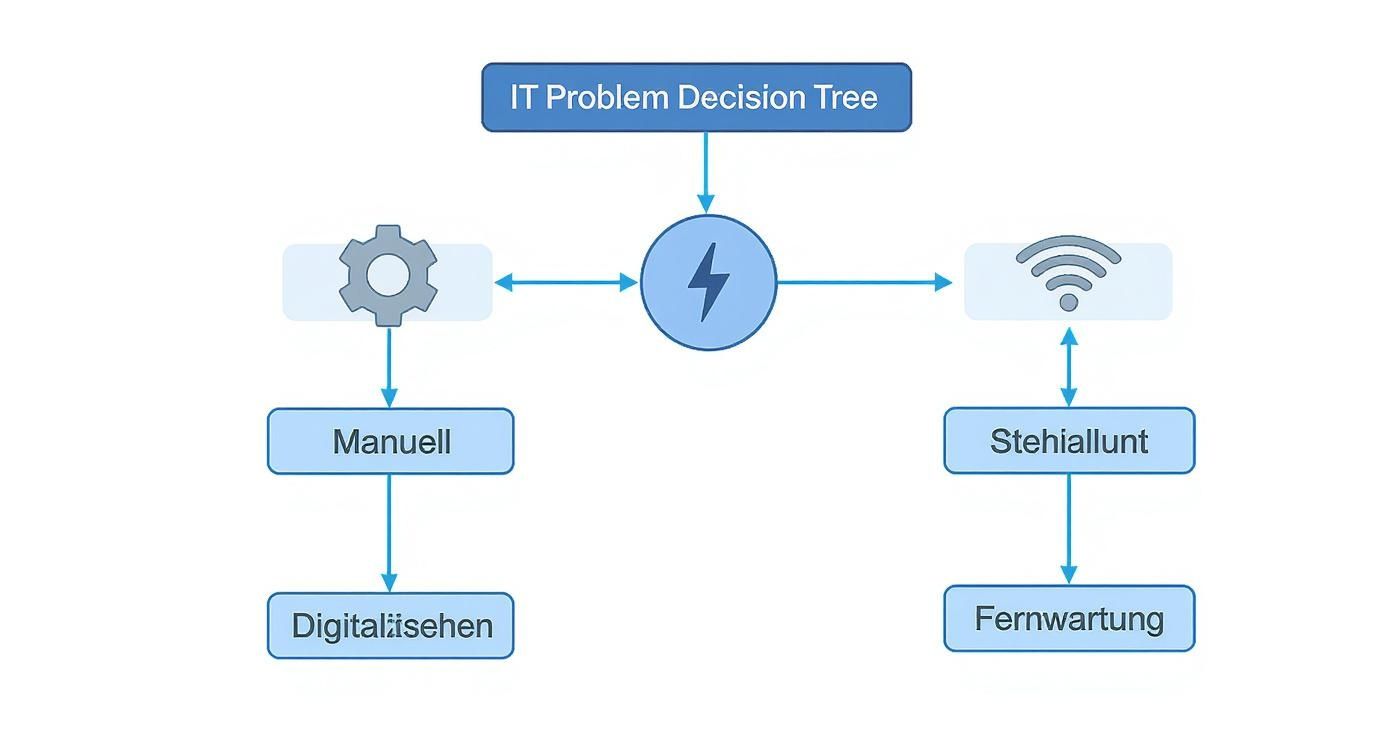 Entscheidungsbaum für IT-Probleme, der Optionen wie manuelle Bearbeitung, Digitalisierung, Stehiallunt und Fernwartung aufzeigt.