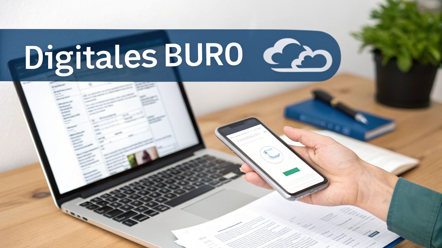 Eine Person scannt mit dem Smartphone einen Beleg, im Hintergrund sieht man einen modernen, aufgeräumten Arbeitsplatz.