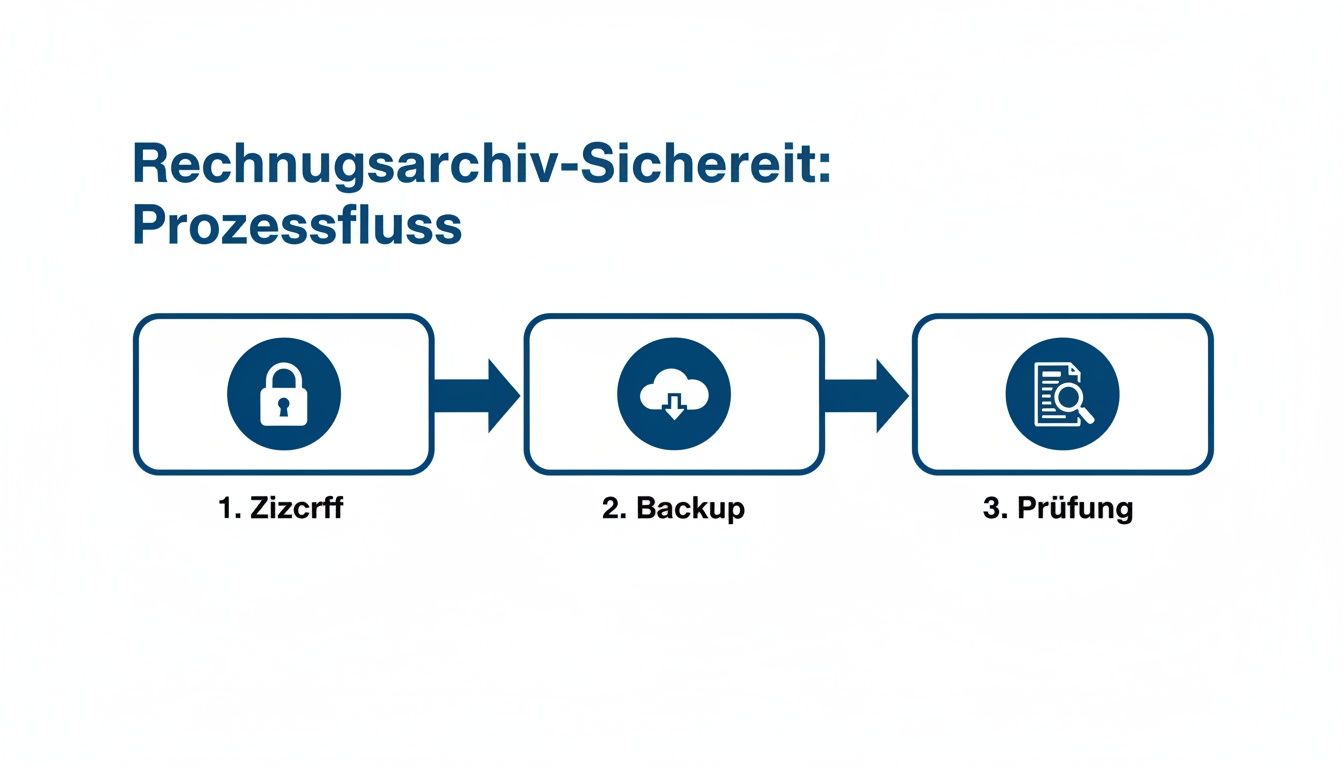 Ein Flussdiagramm illustriert den Prozess der Rechnungsarchiv-Sicherheit: Zizcrff, Backup und Prüfung.