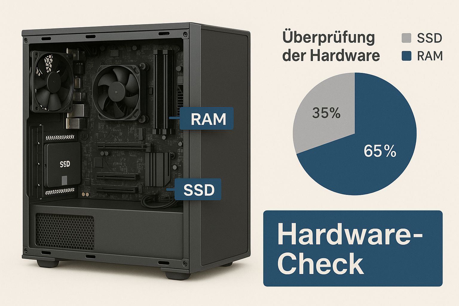 Infografik mit einem geöffneten PC-Gehäuse, das auf die SSD und RAM-Module hinweist, mit dem Text "Hardware-Check".