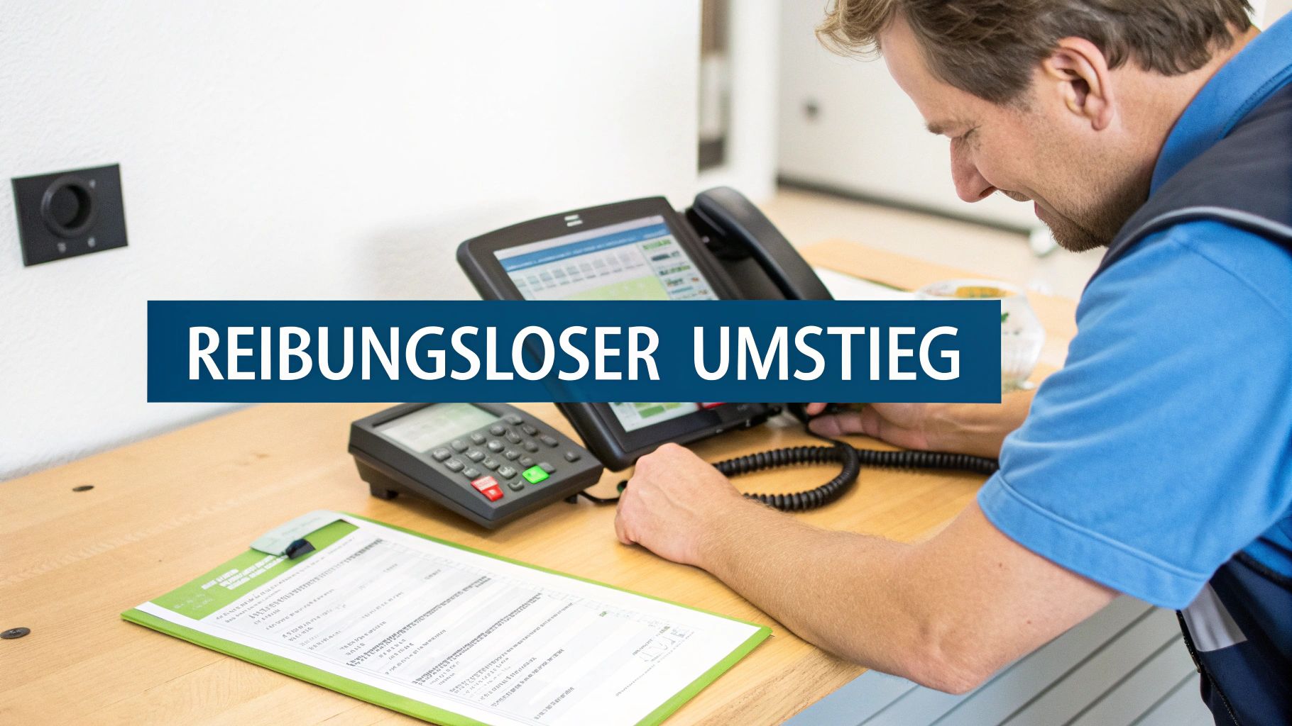 Ein Techniker installiert eine moderne Telefonanlage, unterstützt von Dokumenten, für einen einfachen Systemwechsel.