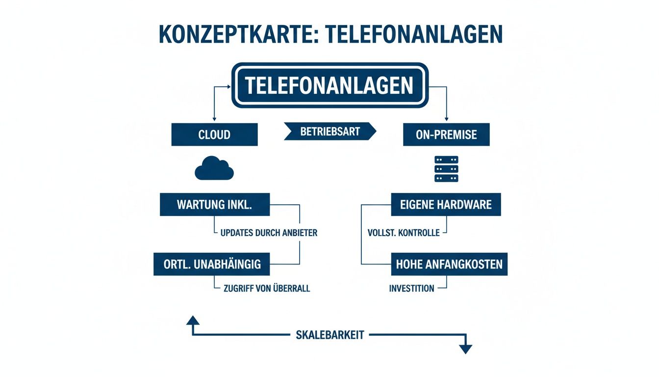 Konzeptkarte zu Telefonanlagen, vergleicht Cloud- und On-Premise-Optionen mit Vorteilen und Nachteilen.