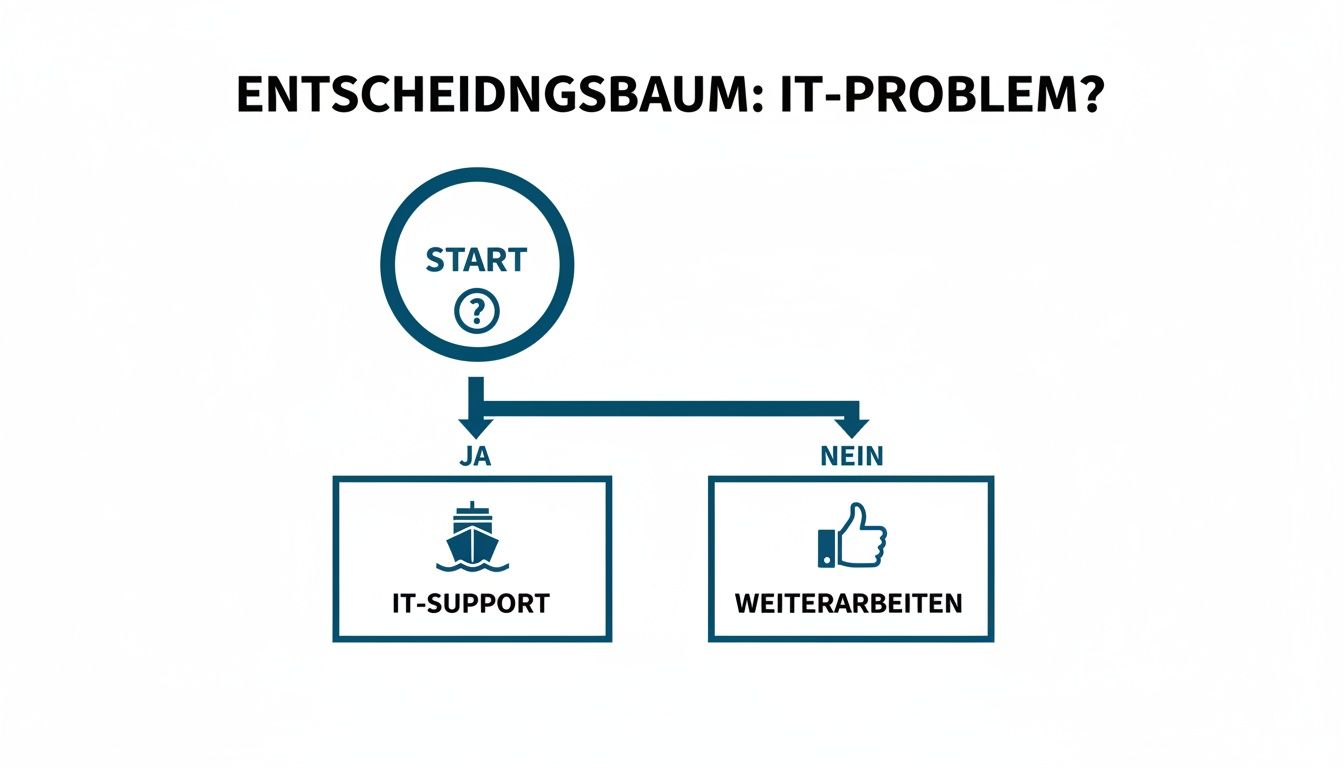 Ein einfacher Entscheidungsbaum für IT-Probleme. Er zeigt die Optionen IT-Support bei Ja und Weiterarbeiten bei Nein.
