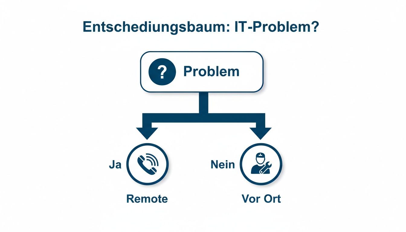 Flussdiagramm zur Lösung von IT-Problemen: Bei einem Problem wird zwischen Remote-Support (Ja) und Vor-Ort-Service (Nein) unterschieden.