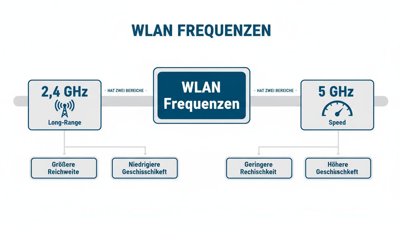 Infografik über WLAN-Frequenzen, die 2,4 GHz (lange Reichweite, niedrigere Geschwindigkeit) und 5 GHz (geringere Reichweite, höhere Geschwindigkeit) vergleicht.