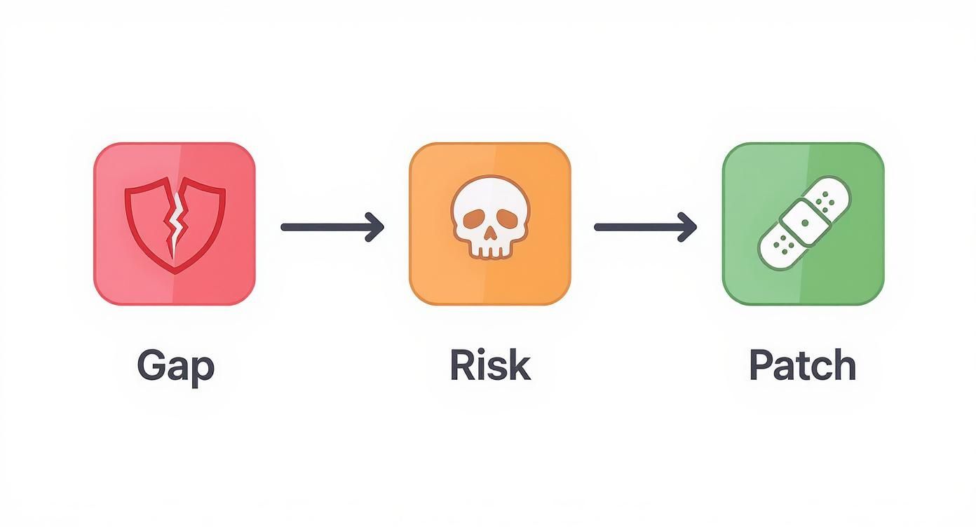 Diagramm zeigt Sicherheitslücke führt zu Risiko und wird durch Patch behoben mit Icons
