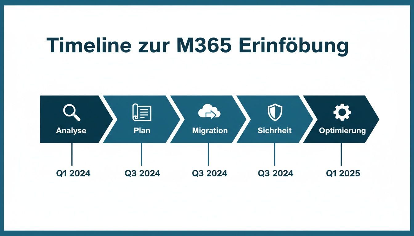 Timeline zur M365 Einführung mit fünf Phasen: Analyse, Plan, Migration, Sicherheit, Optimierung und deren Zeiträume.