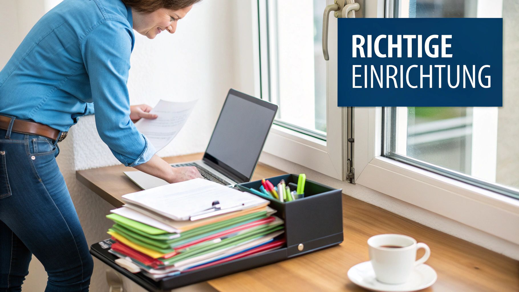 Frau arbeitet am Laptop, um ihre Homeoffice-Einrichtung zu optimieren, mit Dokumenten und Kaffee.
