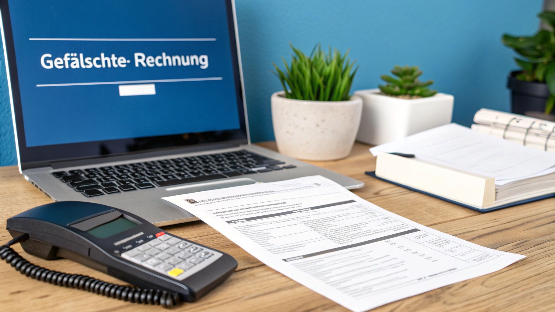 Laptop-Bildschirm zeigt "Gefälschte Rechnung", daneben ein Bezahlterminal und ein Dokument auf dem Holzschreibtisch.