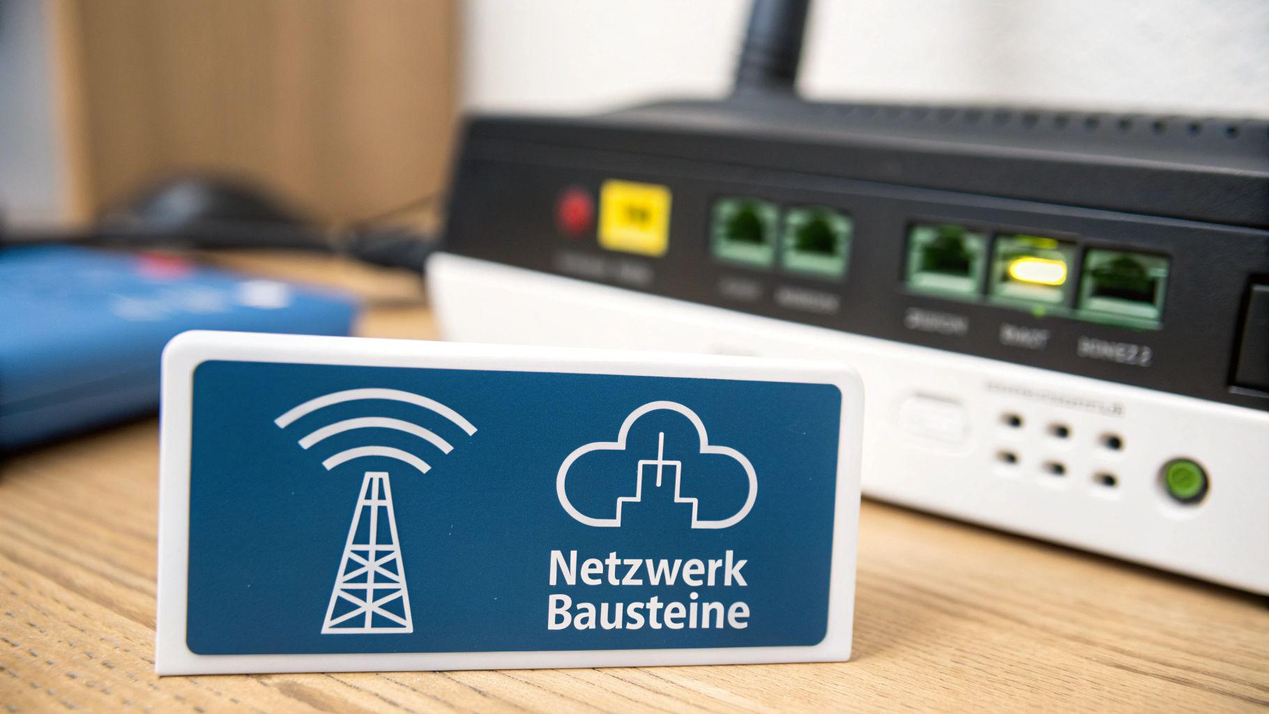 Ein Mitarbeiter verbindet ein Netzwerkkabel mit einem Switch, um die WLAN-Infrastruktur zu erweitern.