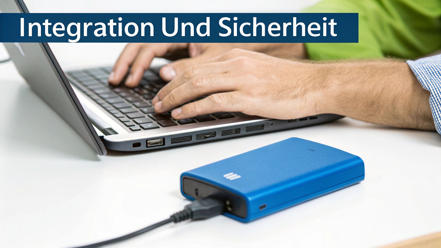 Person tippt auf Laptop-Tastatur mit blauer externer Festplatte für sichere Datenspeicherung und Integration