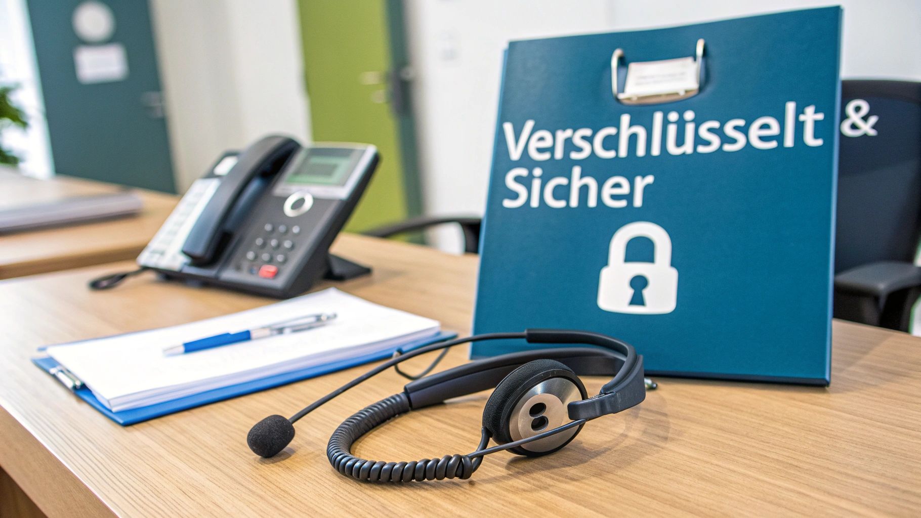 Büroarbeitsplatz mit Telefon, Headset und einem blauen Schild mit der Aufschrift "Verschlüsselt & Sicher".