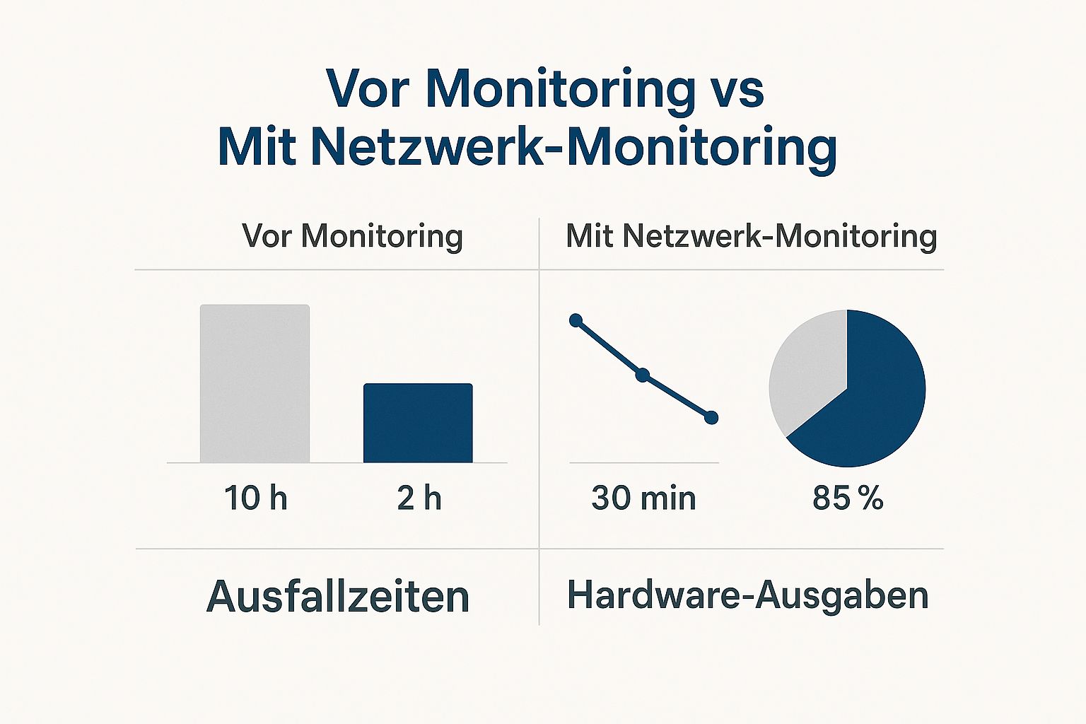 Infografik, die den Vergleich von Ausfallzeiten, Reaktionszeit und Hardware-Ausgaben vor und mit Netzwerk-Monitoring zeigt.