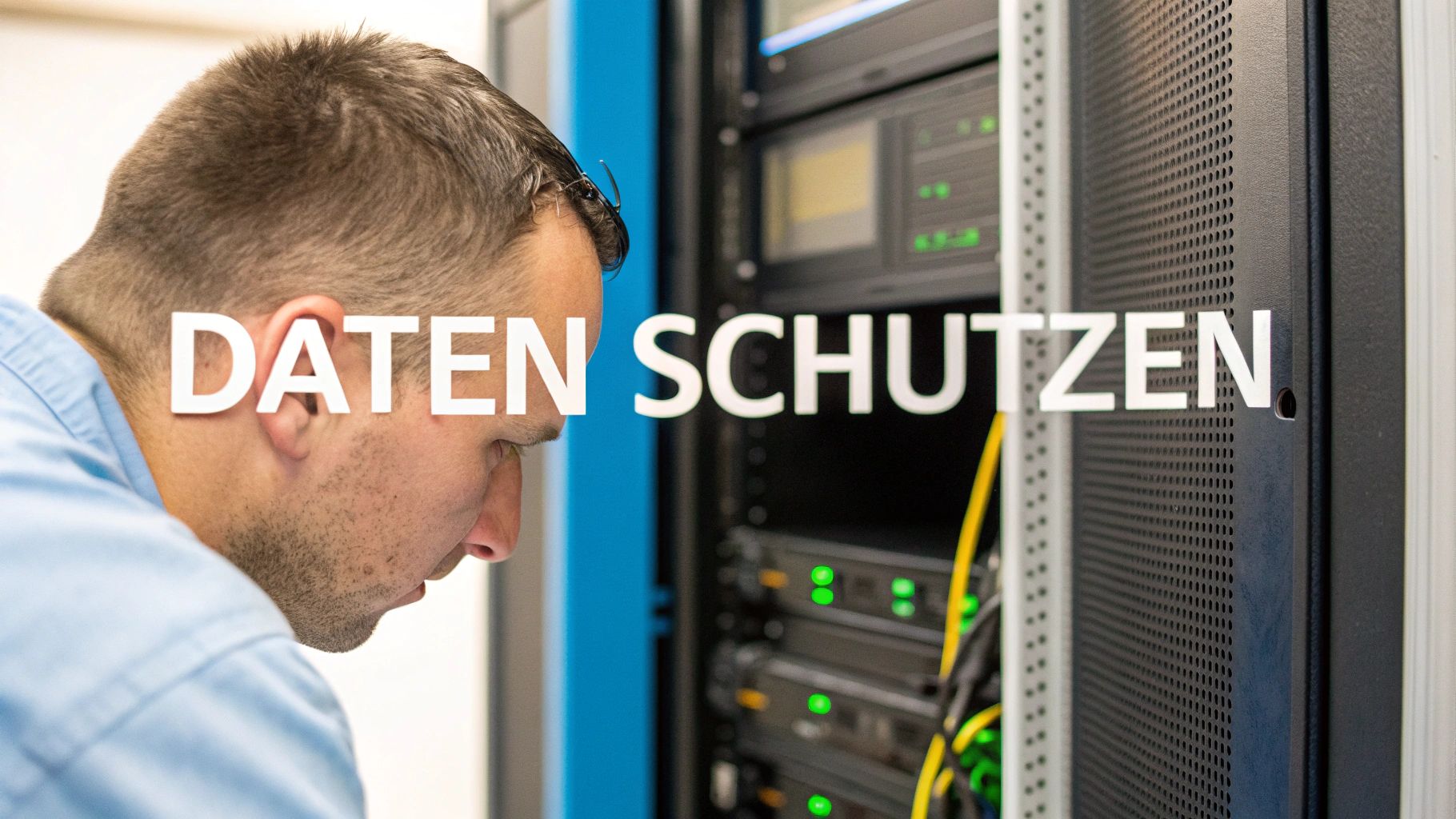 Mann in blauem Hemd prüft ein Server-Rack mit leuchtenden Indikatoren und dem Text 'DATEN SCHÜTZEN'.