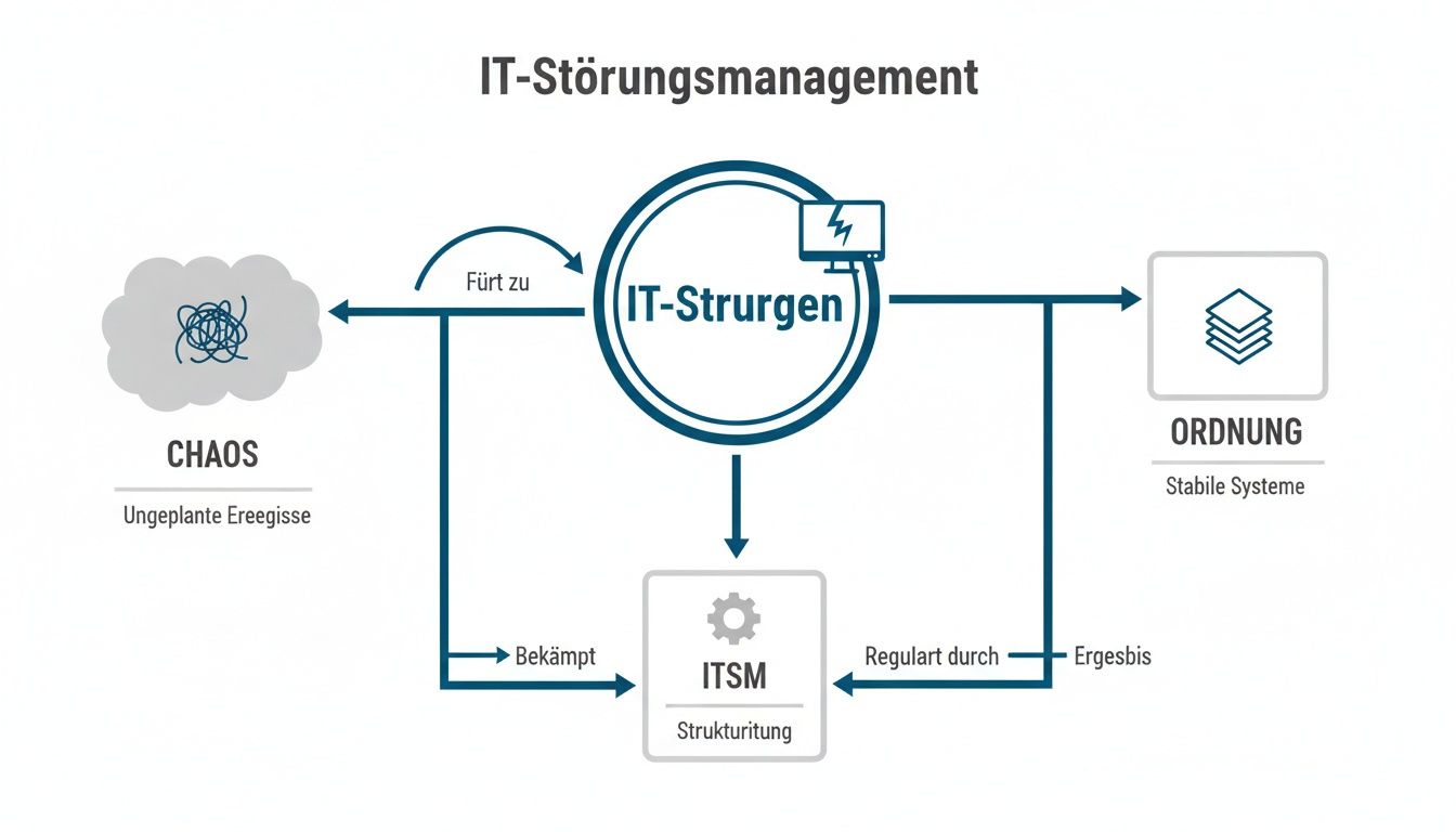 Diagramm zum IT-Störungsmanagement, das den Weg von IT-Störungen zu Chaos und durch ITSM zu stabilen Systemen zeigt.