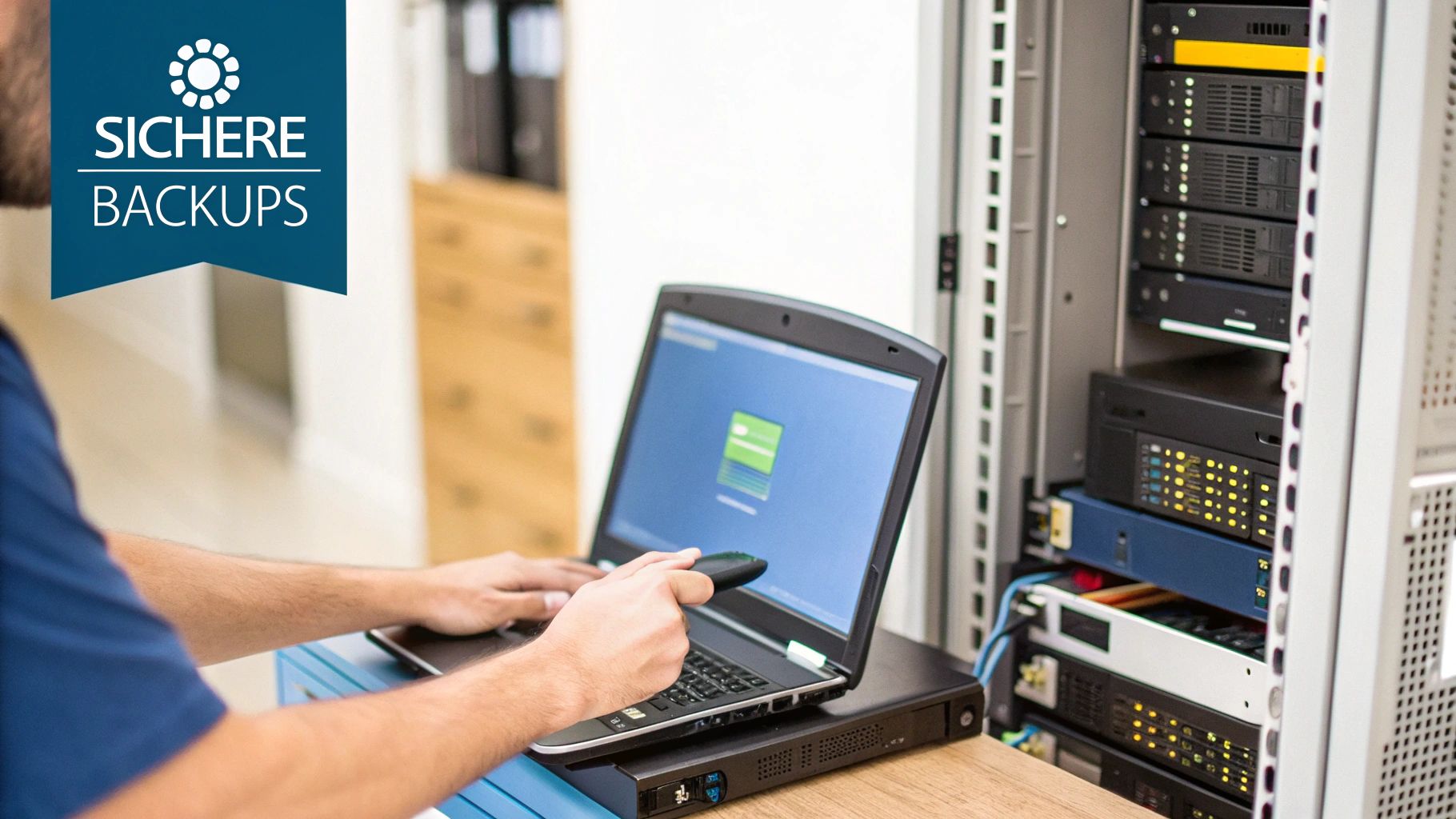 Ein IT-Experte arbeitet an einem Laptop vor einem Serverrack. Ein Banner mit der Aufschrift "Sichere Backups" ist im Vordergrund sichtbar.