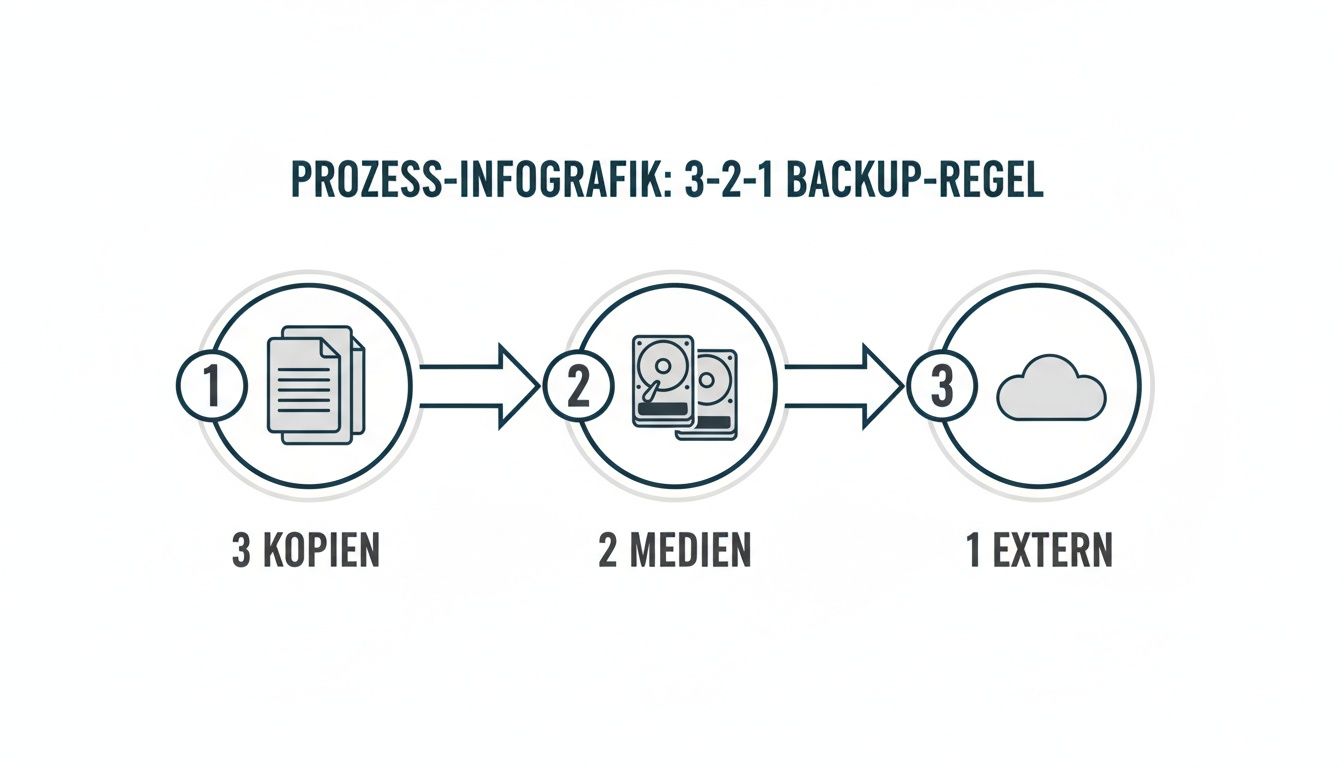 Infografik zur 3-2-1 Backup-Regel: Daten in drei Kopien auf zwei Medien speichern, wovon eine extern ist.