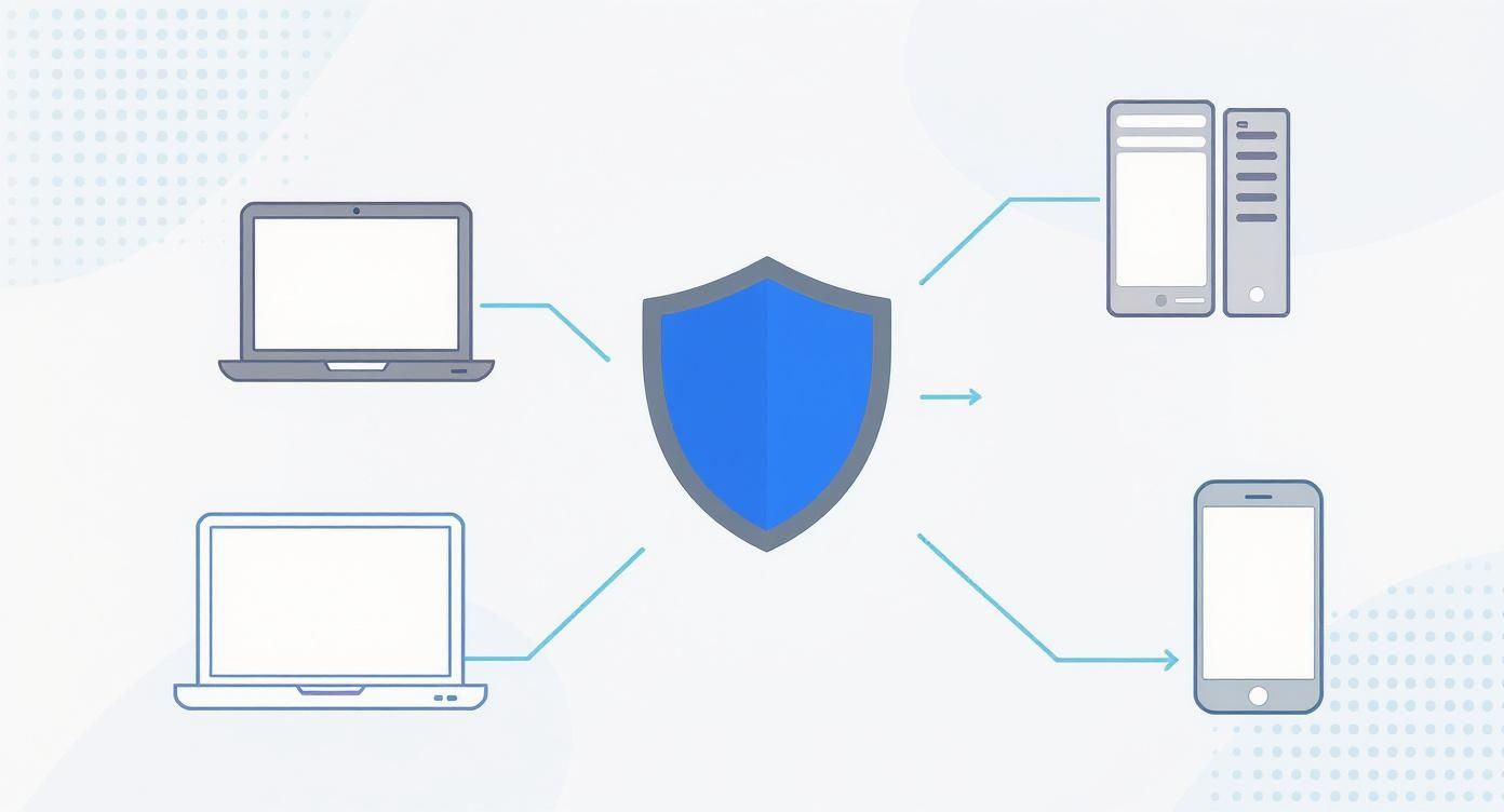 Illustration eines blauen Schildes als Endpunktschutz, das Laptops, Smartphone und Server sichert.