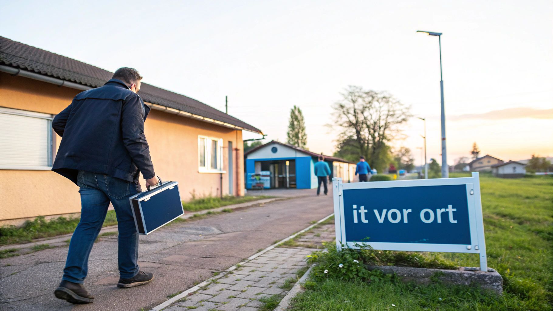 Ein Mann mit Aktenkoffer geht an einem Schild mit der Aufschrift „it vor ort“ vorbei.