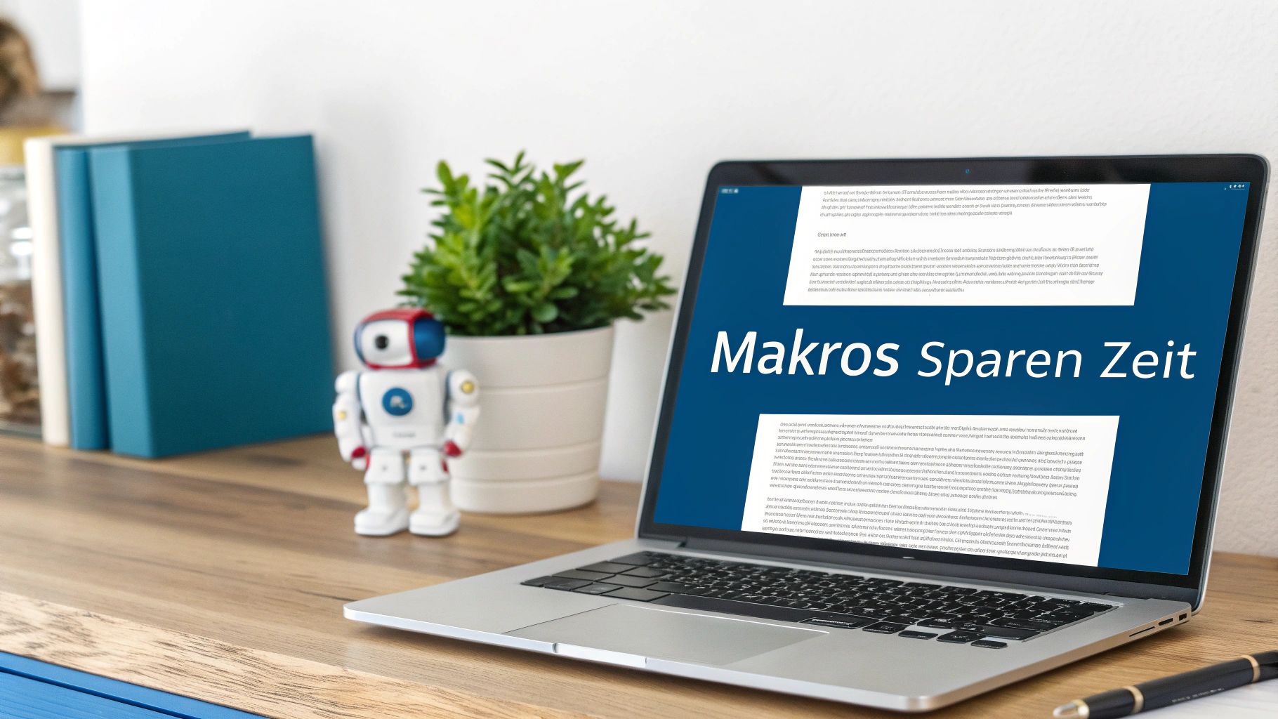Laptop auf Holzschreibtisch zeigt den Text 'Makros Sparen Zeit', umgeben von Büchern, Pflanze und Spielzeug-Roboter.