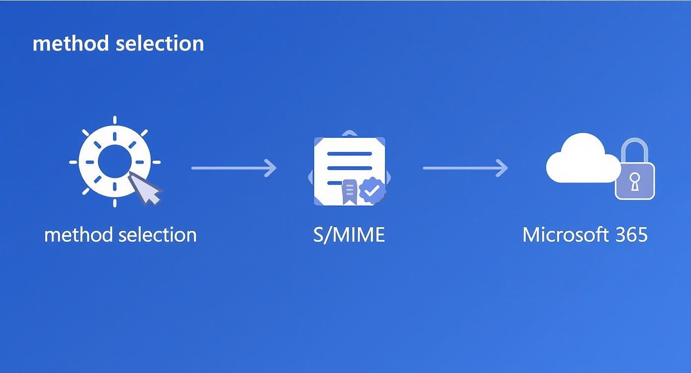 Infografik zum Prozess der E-Mail-Verschlüsselung, die die Schritte Methode wählen, S/MIME und Microsoft 365 zeigt.