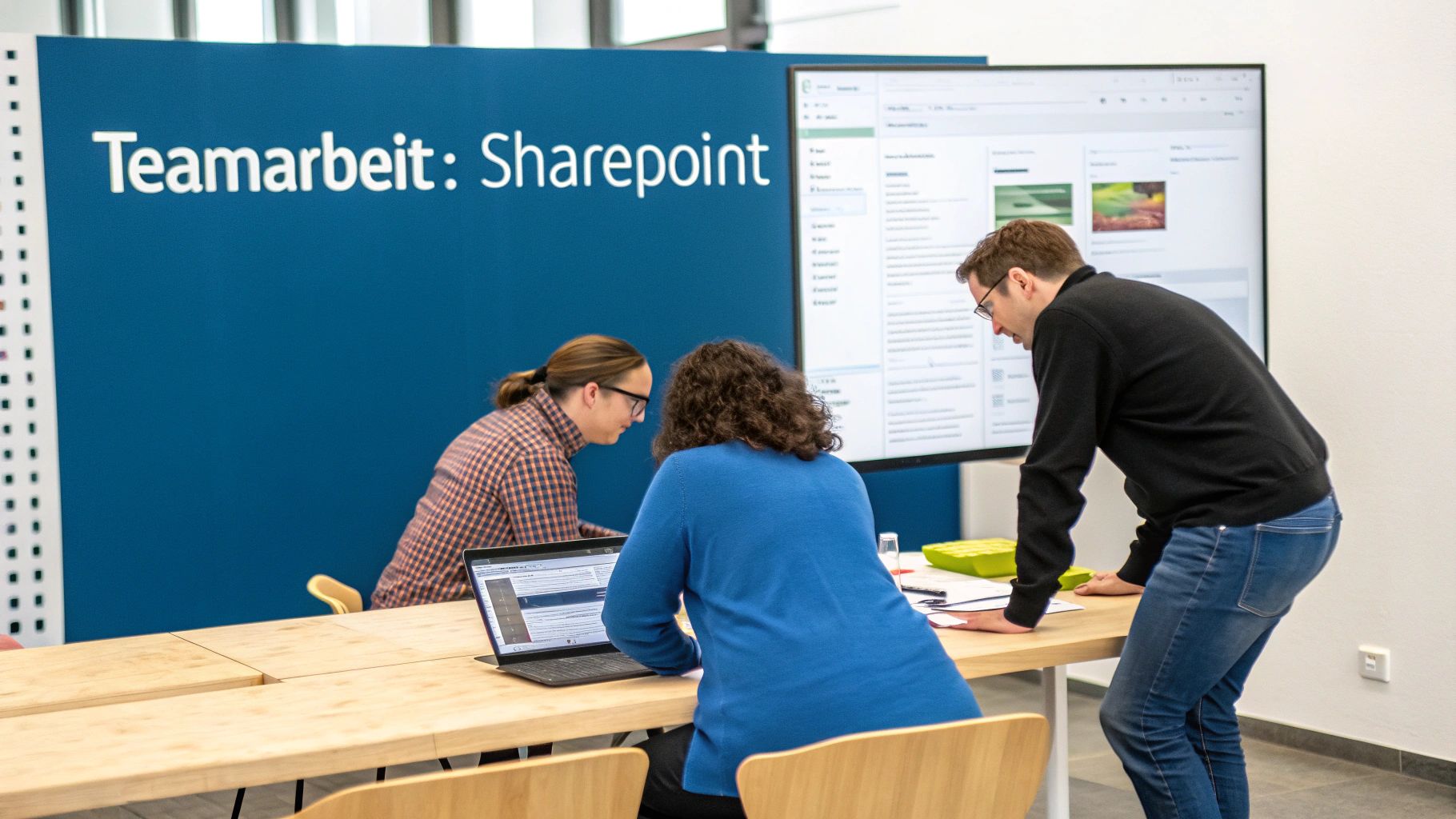 Ein Team arbeitet an einem Tisch mit Laptop und großem Bildschirm an SharePoint zusammen.