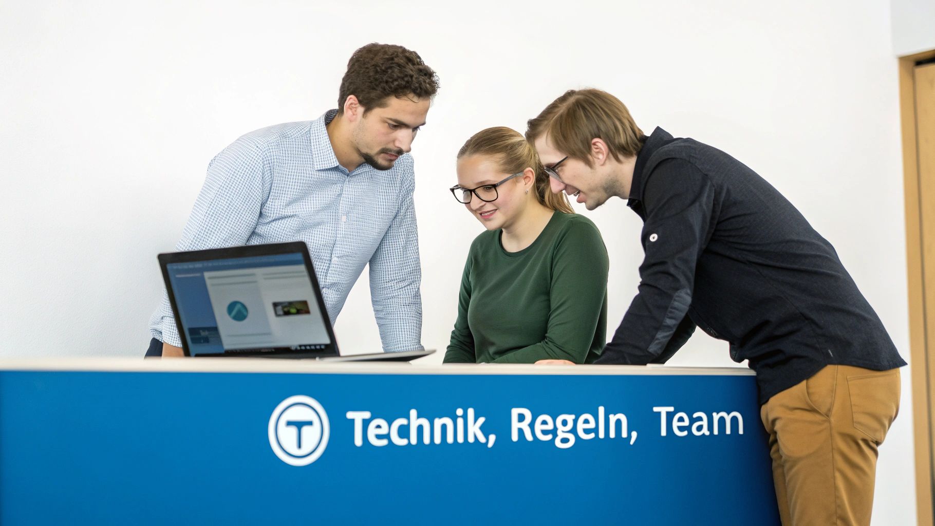 Drei junge Leute, zwei Männer und eine Frau, blicken auf einen Laptop-Bildschirm und arbeiten zusammen.