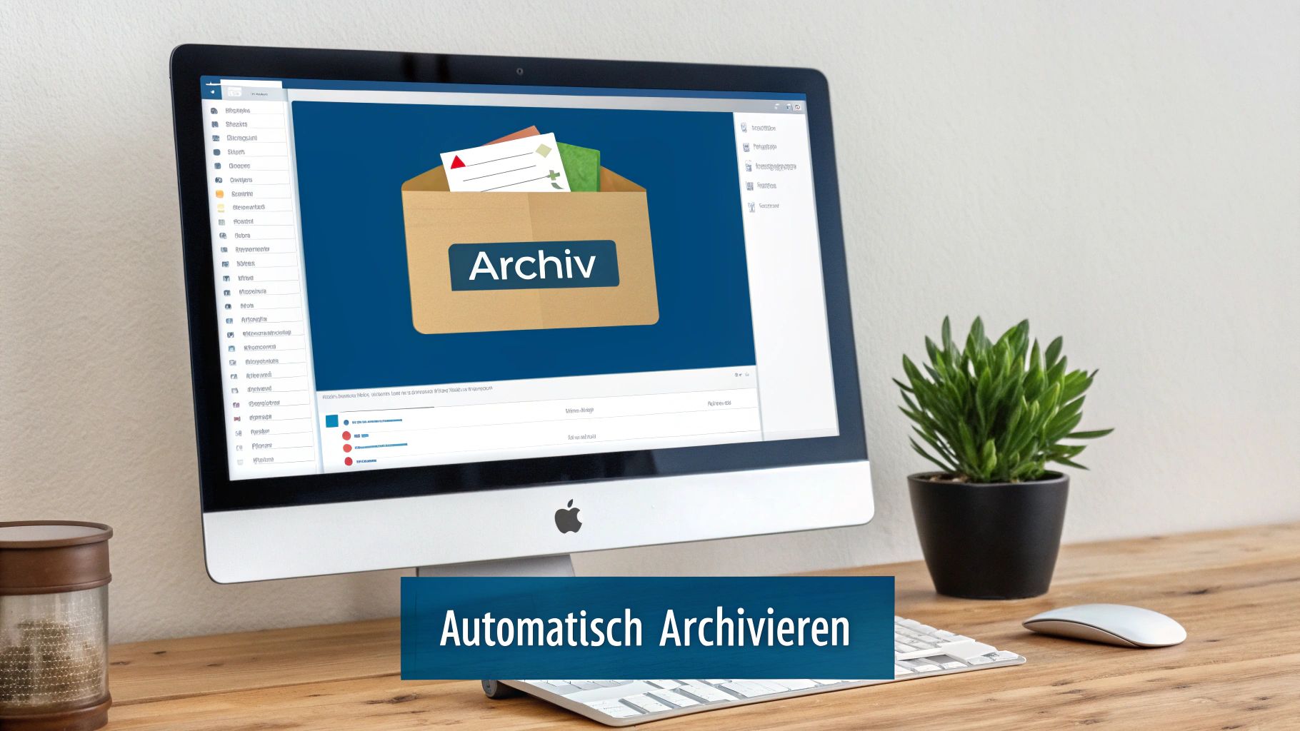 Computerbildschirm mit digitalem Archiv und Text 'Automatisch Archivieren', daneben Tastatur und Pflanze auf Holzschreibtisch.