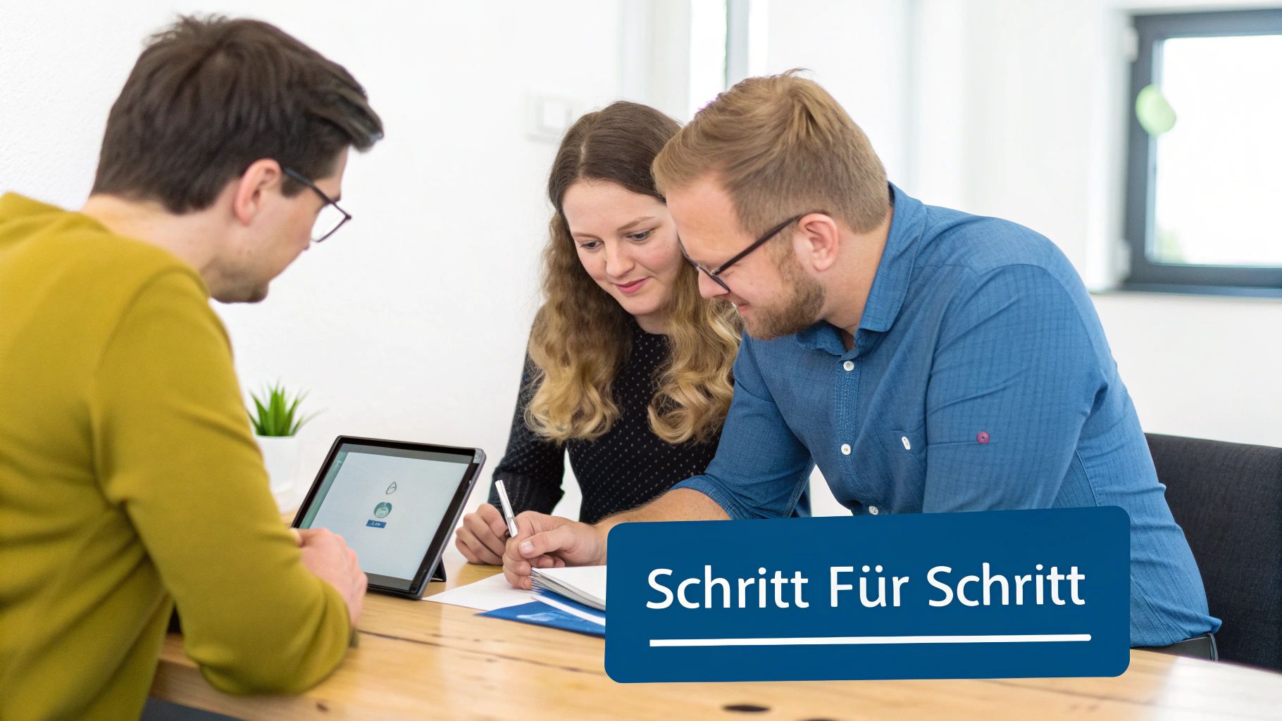 Drei Kollegen arbeiten zusammen an einem Tisch mit Tablet und Dokumenten.