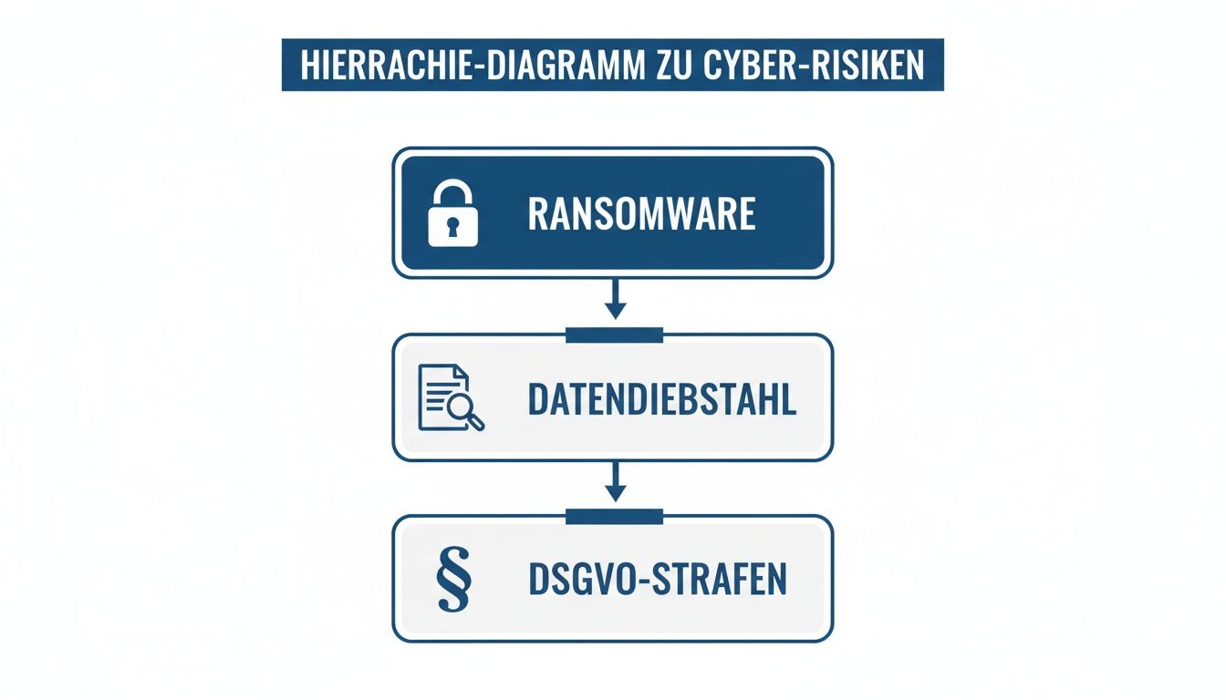 Hierarchie-Diagramm zu Cyber-Risiken: Ransomware führt zu Datendiebstahl und DSGVO-Strafen.
