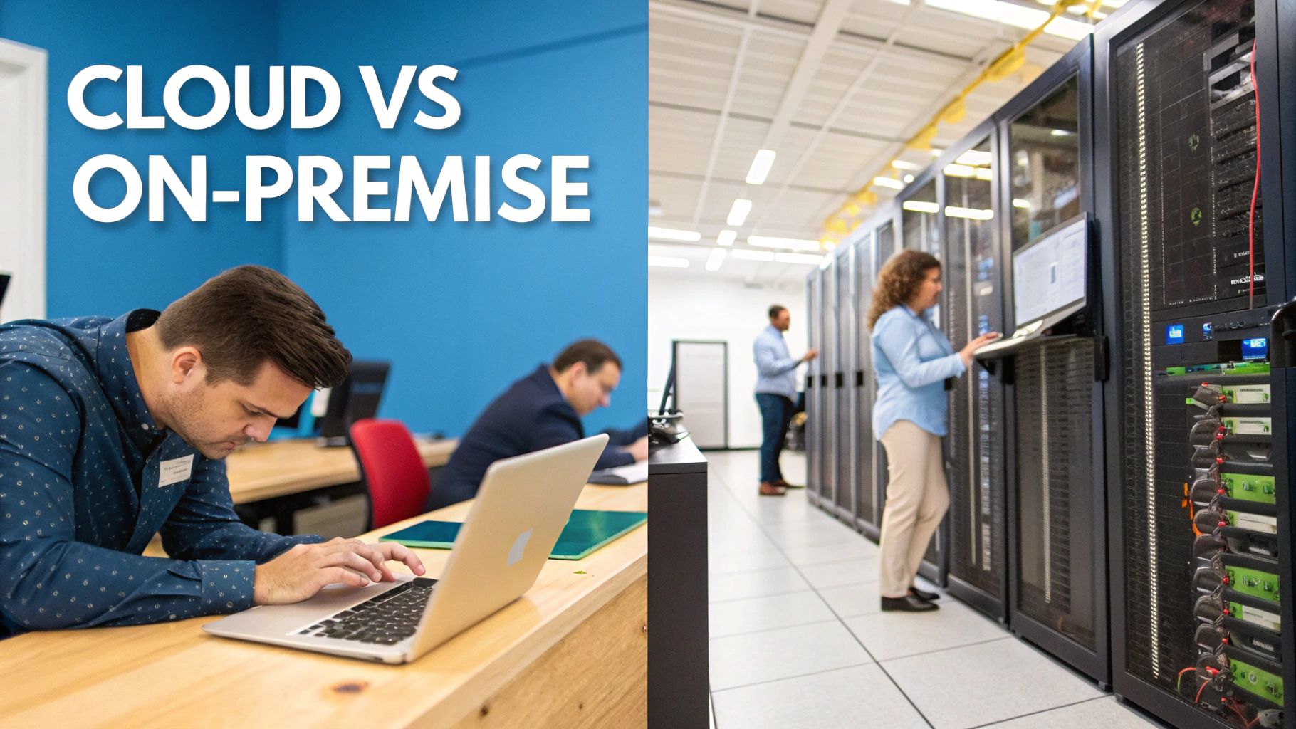 Eine Waage, auf der auf der einen Seite eine Wolke (Cloud) und auf der anderen ein Server (On-Premise) liegt, um die Entscheidung zu visualisieren.