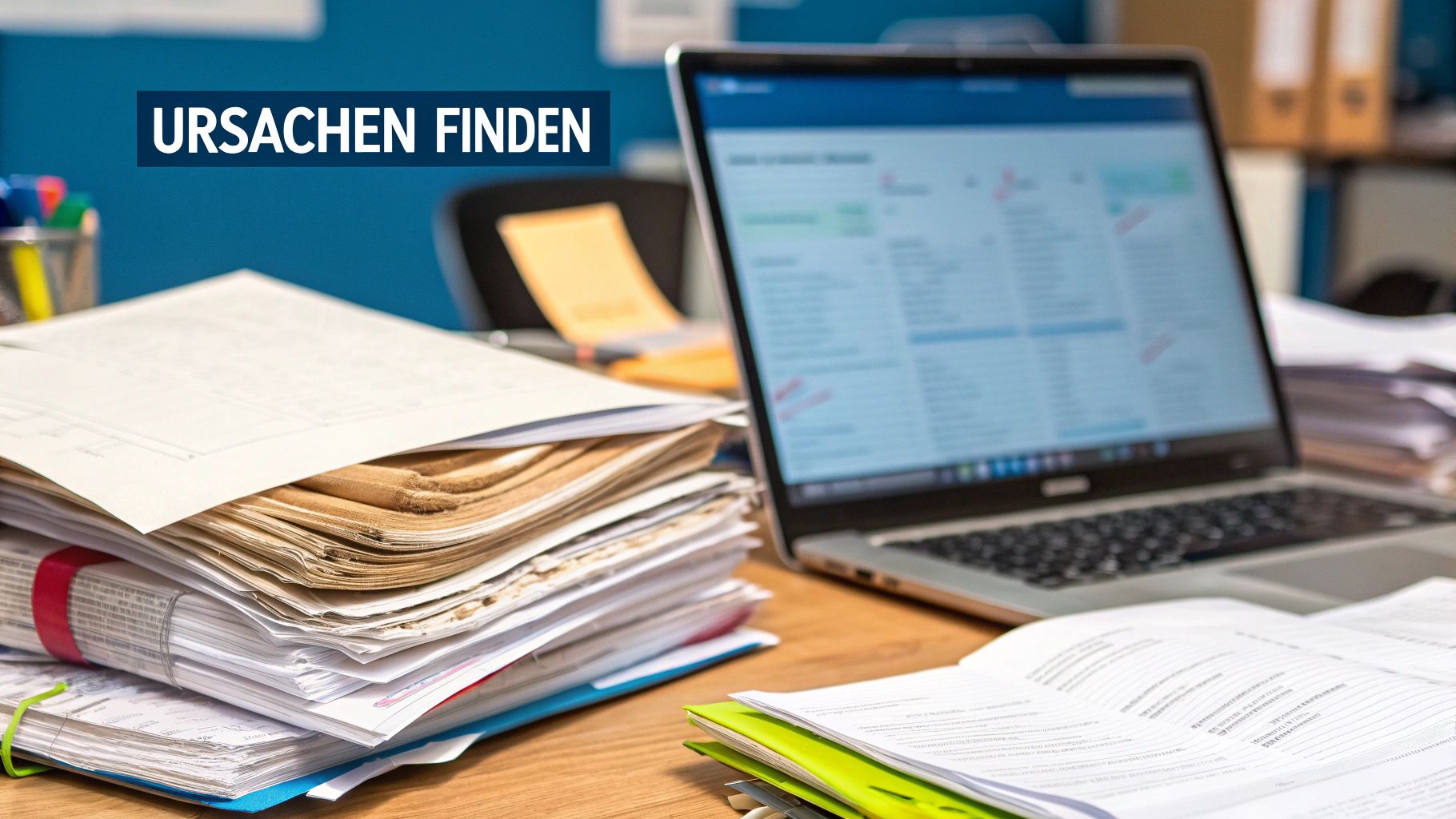 Eine Person sitzt nachdenklich vor einem langsamen Laptop, der Sanduhren anzeigt.