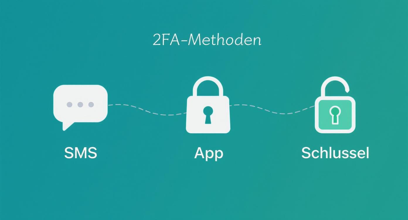 Illustration von drei 2FA-Methoden: SMS, Authentifizierungs-App und physischer Sicherheitsschlüssel, verbunden durch eine gestrichelte Linie.