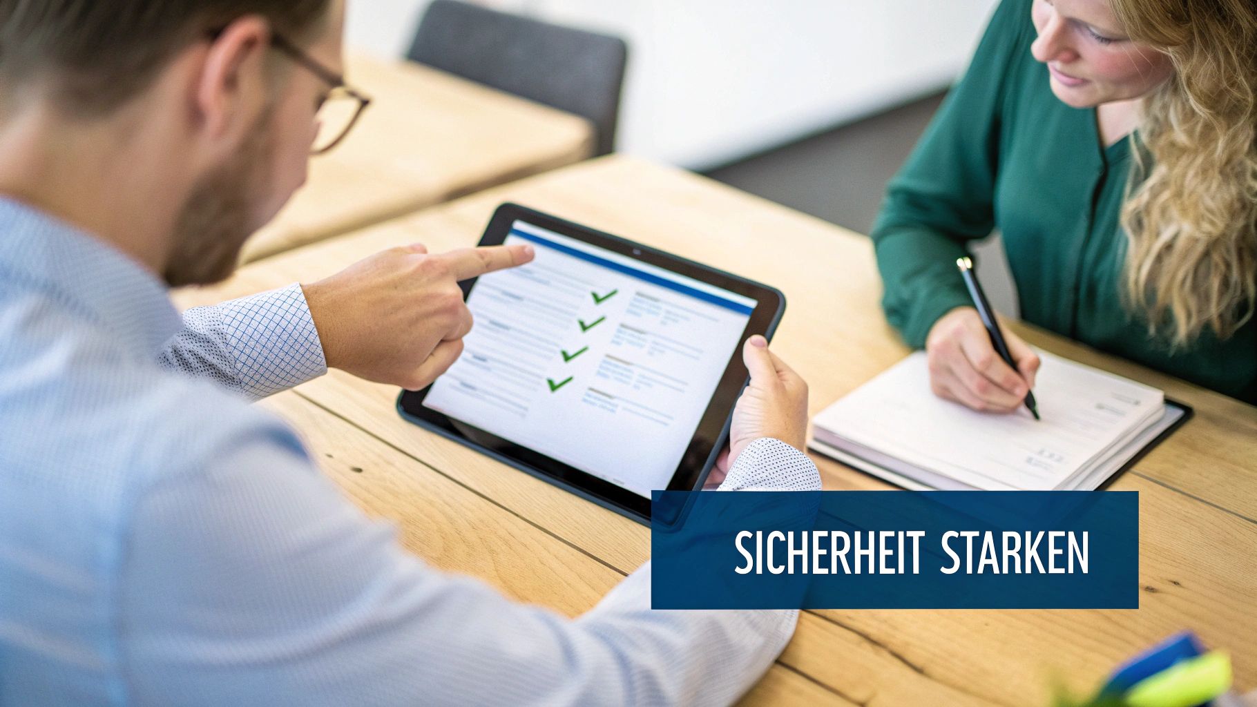 Zwei Personen an einem Holztisch überprüfen eine digitale Sicherheits-Checkliste auf einem Tablet, während Notizen gemacht werden.