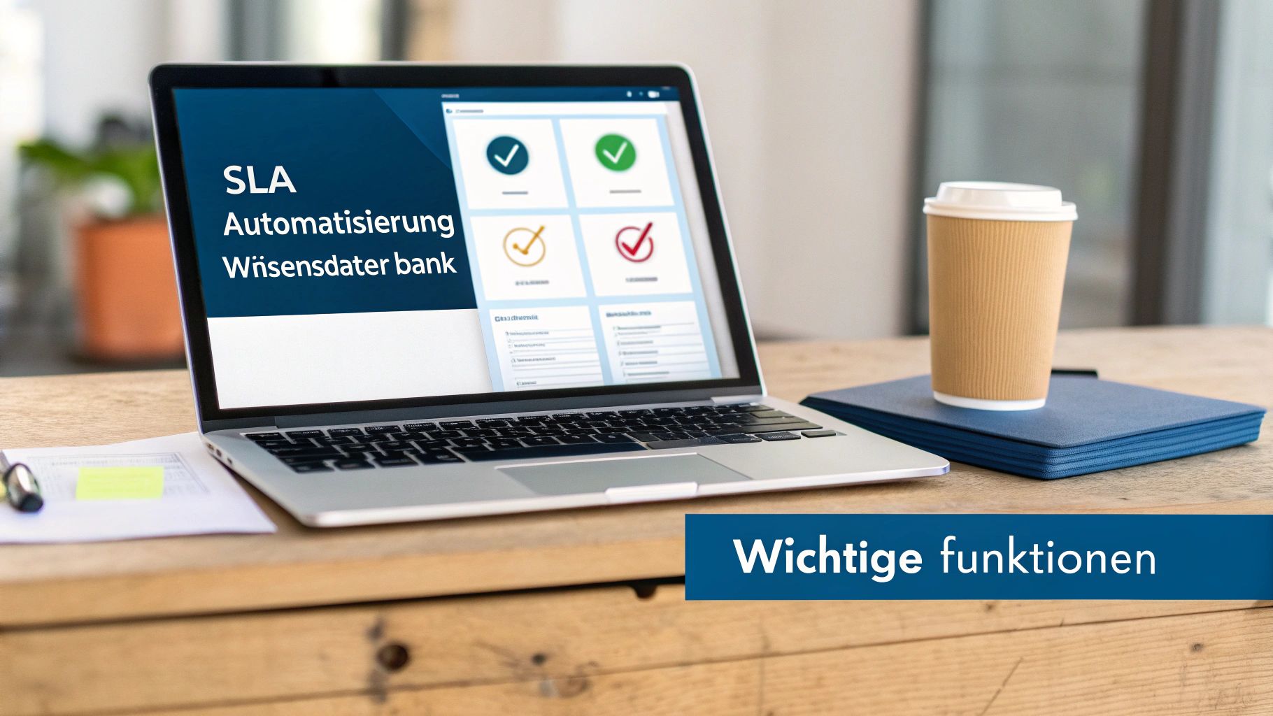 Laptop zeigt 'SLA Automatisierung Wissensdatenbank' und Haken-Symbole. Daneben Kaffeetasse und Notizbuch. Wichtige Funktionen.