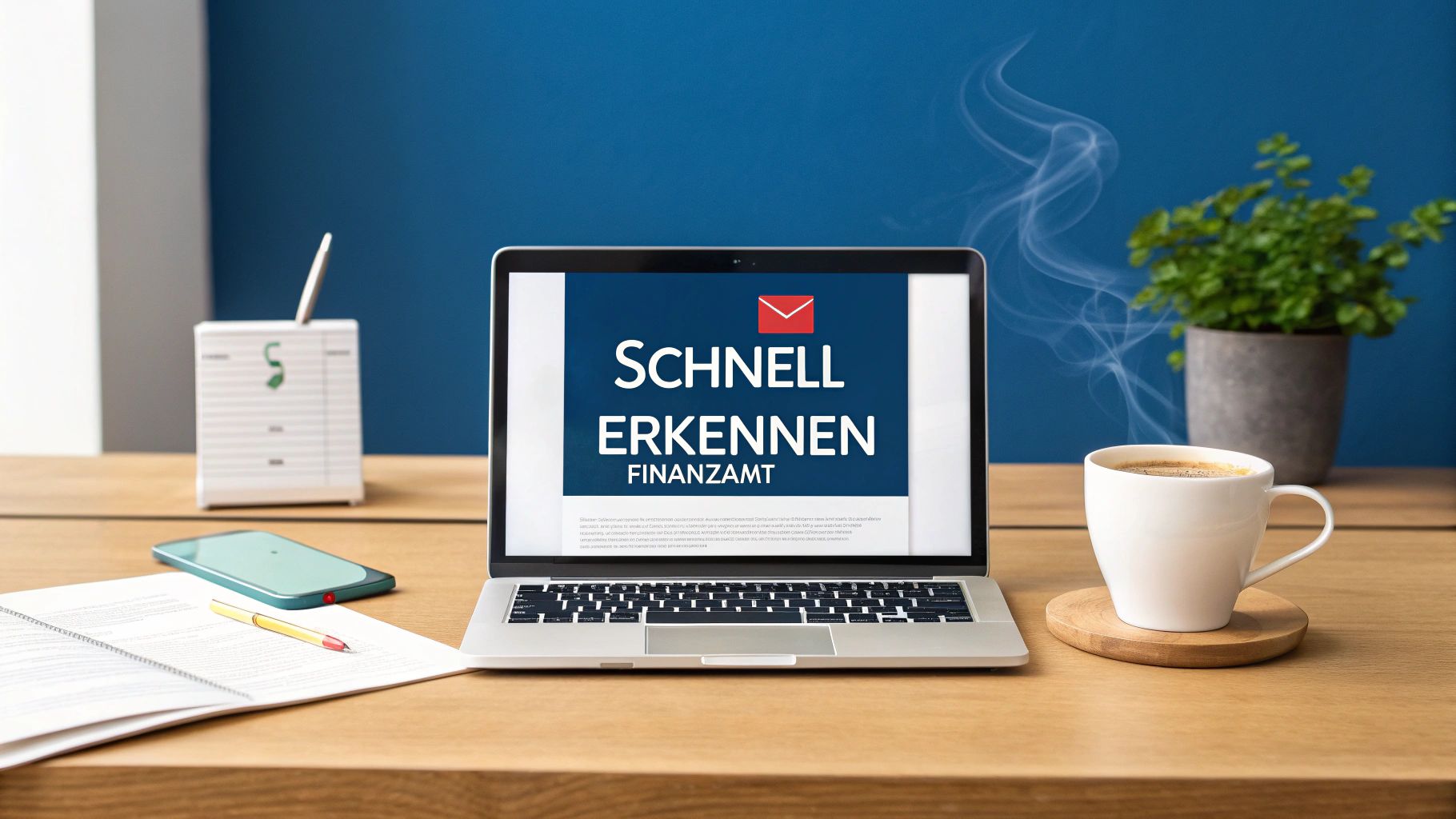 Laptop auf Holztisch mit der Aufschrift 'SCHNELL ERKENNEN FINANZAMT', Kaffee, Smartphone und Büromaterial.